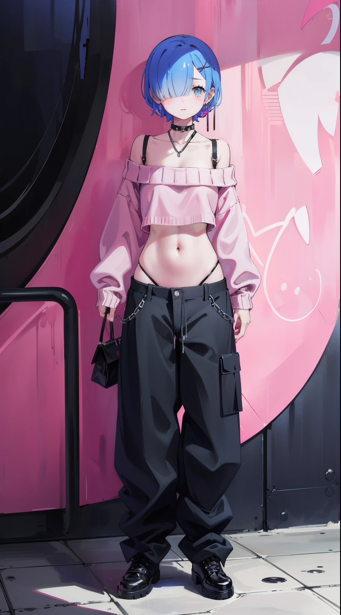 Acme Face、Random pose、short hair、Blue Hair、、hair over one eye、、nsfw、Highest quality、1 girl、alone、、Sexy pose、、
BREAK (pink theme:1.4), (vivid colors:1.3), (pink sweater:1.4), (long-sleeve:1.3), ((off shoulder, navel, stomach):1.3),
BREAK (black theme:1.3), ((black oversized pants, black baggy pants):1.3), (black choker:1.2), (earrings:1.2), (lace-up boots:1.1),