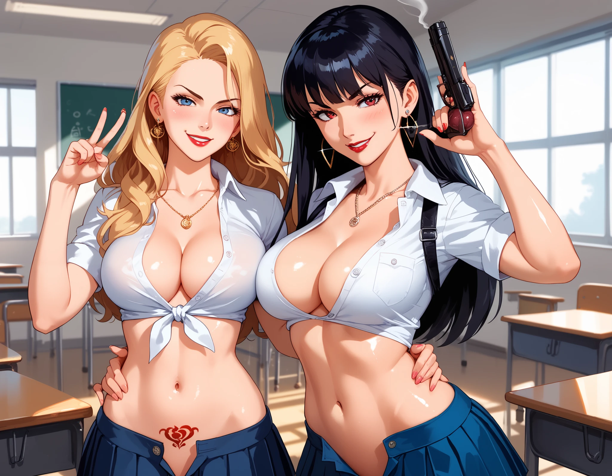 2girls, long hair, medium breasts, smirk, , ear piercing, long hair, blush, lipstick,Hot girl, baddie, smoking, sensual, attractive, large breasts, masterpiece, best quality, ((unbuttoned school uniform, cleavage, necklace, earrings, sexy body,
breasts)) , micro skirt, smiling, navel , exposed belly, exposed navel,(nsfw) not safe for work,school,
classroom , hold a gun,knot, holding pistol, tattoo on body, dragon tattoo, tattoo midriff, rose tattoo,, open arms sideway, arms T-pose, smirk, standing, anime girl T posing, shiny skin