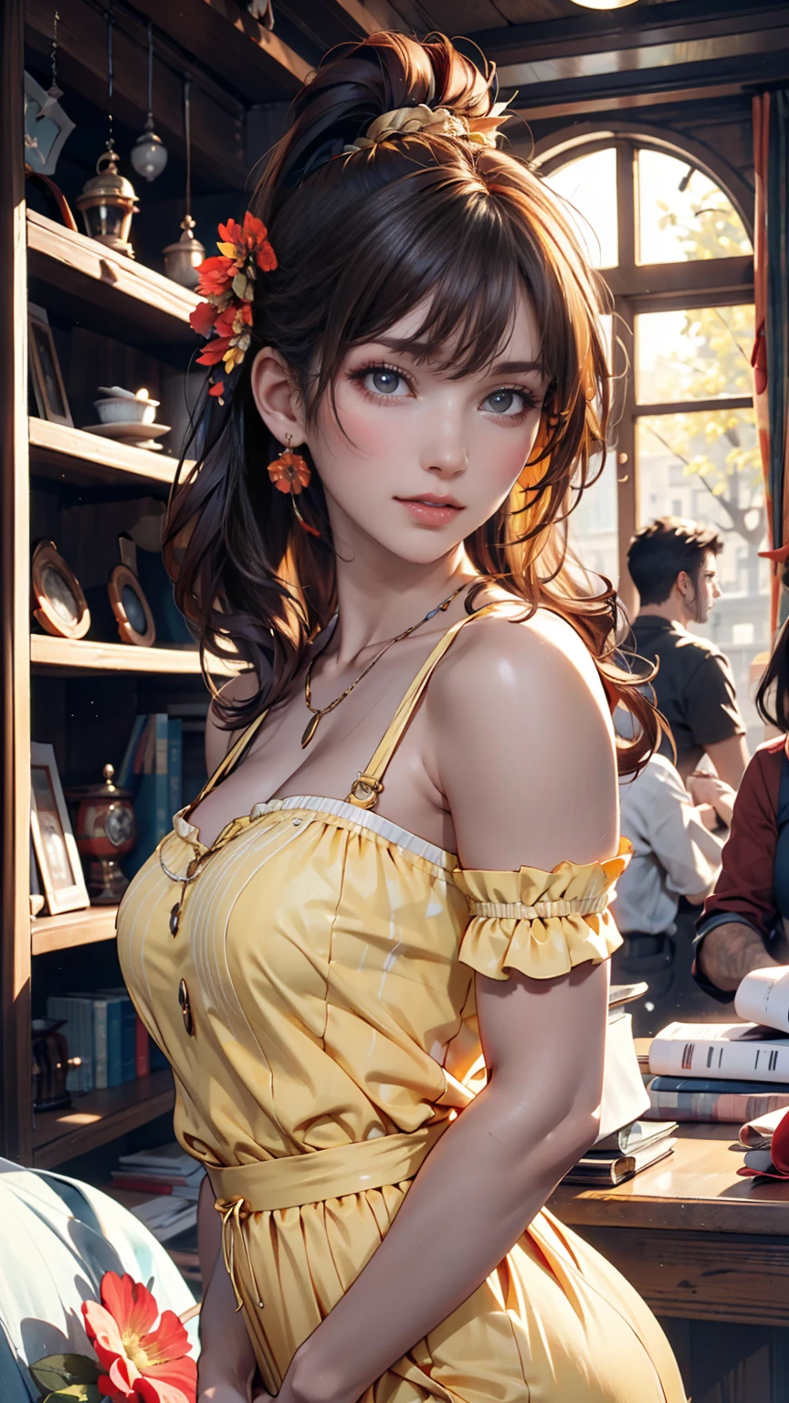 A girl in a yellow dress, with brown hair and yellow hat. She has a sexy and attractive appearance. Delicate and detailed face, face with all the delicacy of a princess, eyes beautiful detailed. Her blouse is open, revealing her big, attractive breasts. The medium used to represent this work of art is oil painting, ensuring a detailed, high-quality result. The painting style is realistic and photorealistic, with vivid colors and sharp focus. General lighting is well balanced, lighting the scene beautifully. Super definition image, 8K image, rich in details, 
