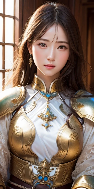 realistic, High resolution, soft light,1 female, alone, hip up, glowing skin, (detailed face), chinese armor