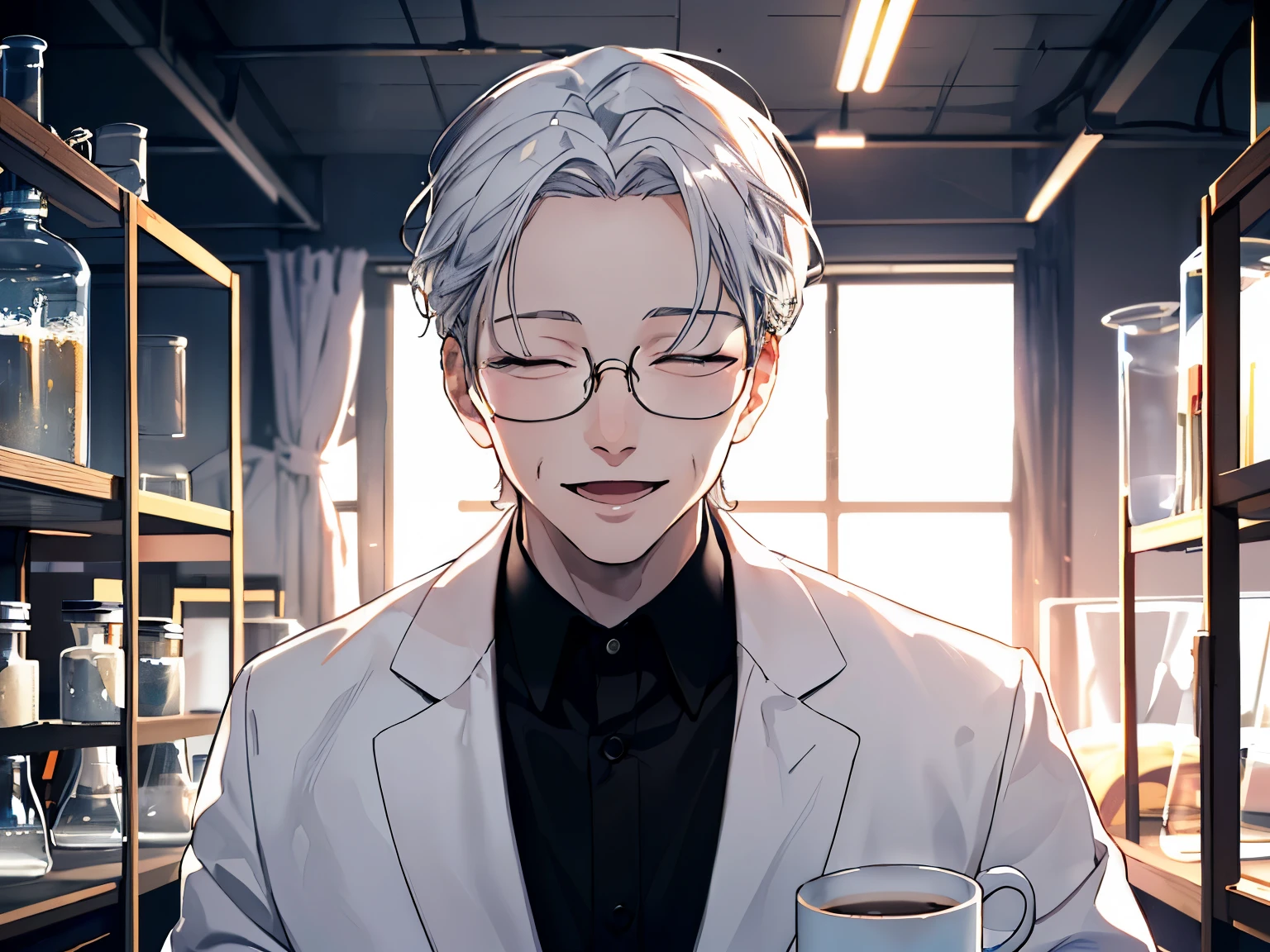 ((benevolent)), (gentle smile, slightly open mouth), 1 male, (upper body), (((closed eyes, ((tareme))))), ((forehead)), (gray hair), (white coat), cinematic lighting, dramatic lighting, Sharp Focus, (Best Quality, masterpiece, detailed, facial focus), (in the laboratory), researcher, glasses, holding a mug, [old man, elderly]