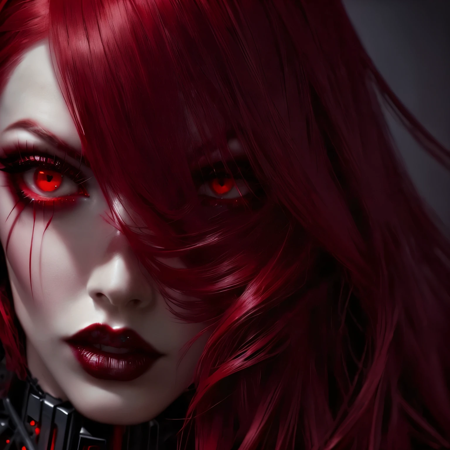 a close up of a woman with red hair and makeup, seductive cyberpunk dark fantasy, gothic face, gothic girl face, crimson red hair and red eyes, gothic horror vibes, gothic fantasy art, vampires fantasy, red - eyed, red-eyed, cute face. dark fantasy, amouranth, gothic makeup, realistic digital art 4 k, realistic digital art 4k