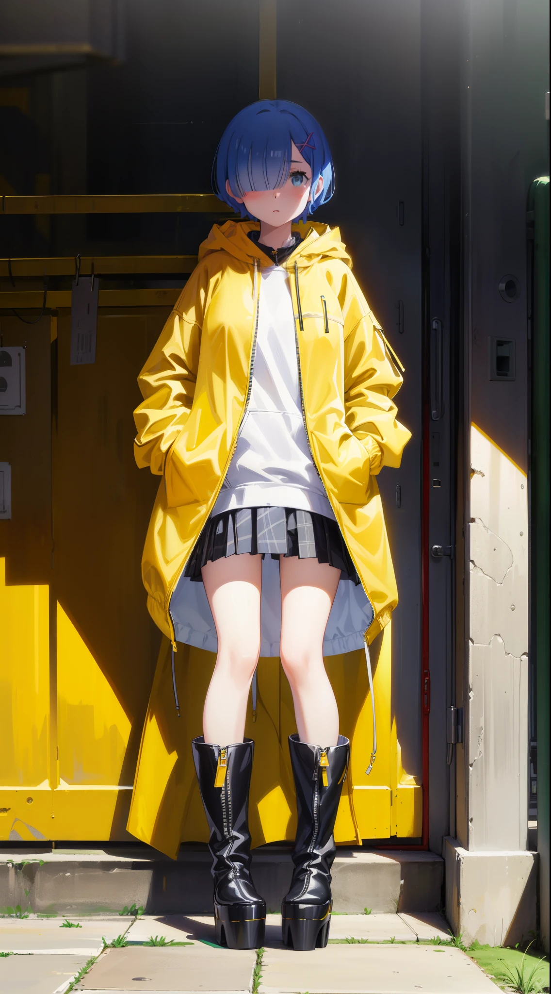 Acme Face、Random pose、short hair、Blue Hair、、hair over one eye、、nsfw、Highest quality、1 girl、alone、、Sexy pose、、
BREAK (yellow theme:1.4), (oversized and baggy yellow outerwear:1.3), (fusion of yellow windbreaker and yellow hoodie:1.4), (yellow Nylon:1.4), ((zipper, large pocket):1.3),
BREAK (black and white plaid-pattern pleated-skirt:1.2), (black platform HIGH boots:1.2)