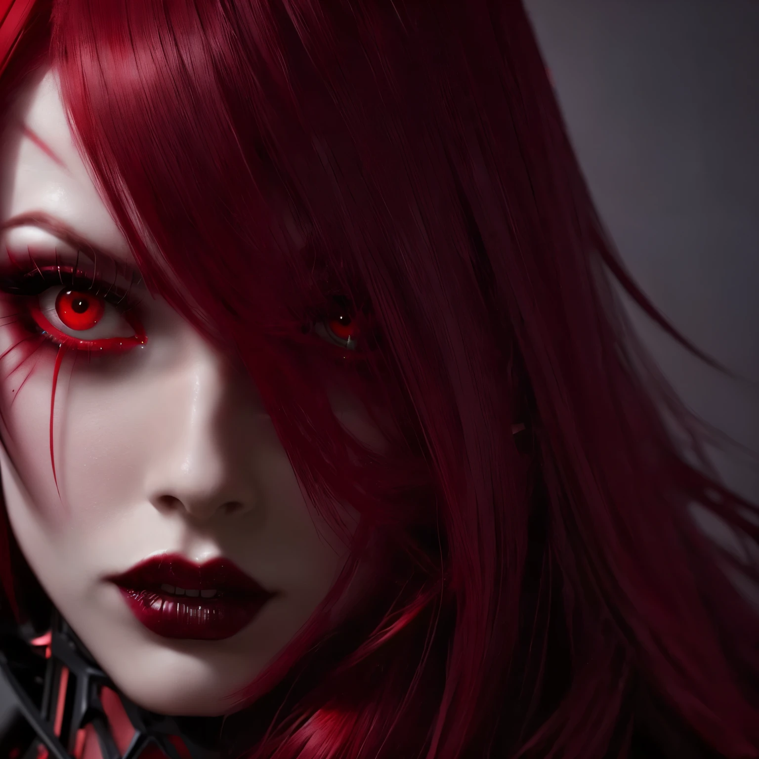 a close up of a woman with red hair and makeup, seductive cyberpunk dark fantasy, gothic face, gothic girl face, crimson red hair and red eyes, gothic horror vibes, gothic fantasy art, vampires fantasy, red - eyed, red-eyed, cute face. dark fantasy, amouranth, gothic makeup, realistic digital art 4 k, realistic digital art 4k