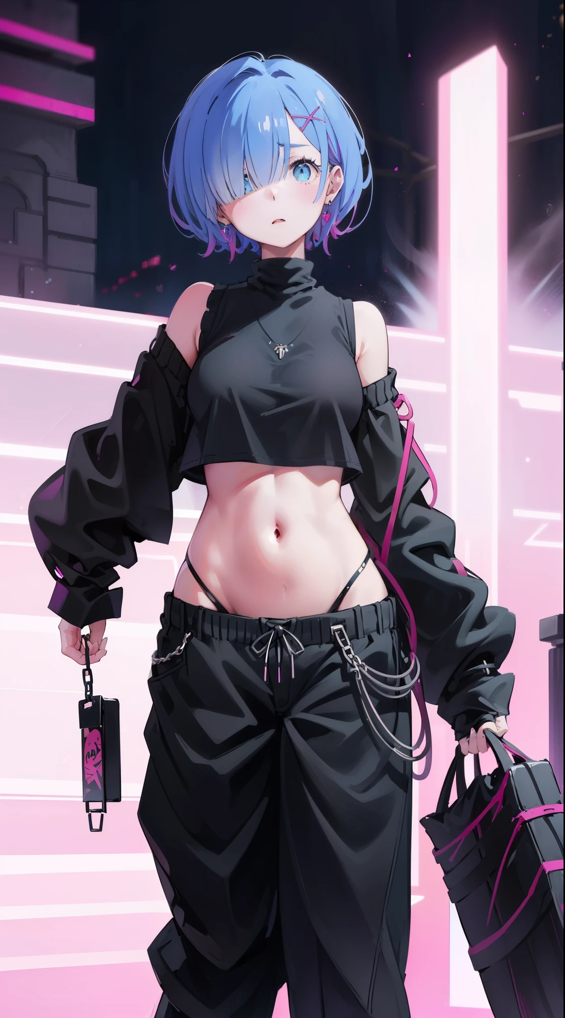 Acme Face、Random pose、short hair、Blue Hair、、hair over one eye、、nsfw、Highest quality、1 girl、alone、、Sexy pose、、
BREAK (pink theme:1.4), (vivid colors:1.3), (pink sweater:1.4), (long-sleeve:1.3), ((off shoulder, navel, stomach):1.3),
BREAK (black theme:1.3), ((black oversized pants, black baggy pants):1.3), (black choker:1.2), (earrings:1.2), (lace-up boots:1.1),