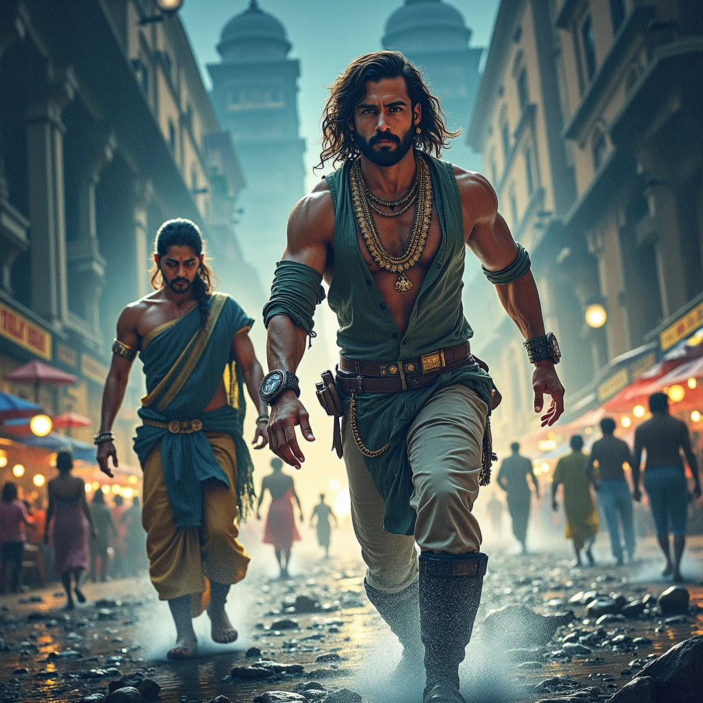 Then they crossed a river.
"Meghraj and Tanishk carefully crossing a flowing river using stepping stones or a makeshift bridge."