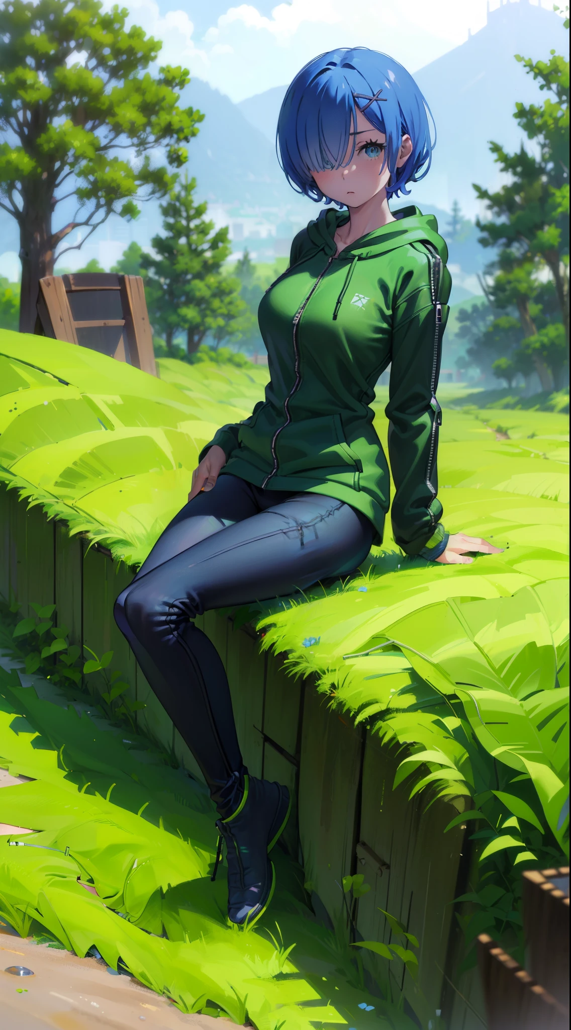 Acme Face、Random pose、short hair、Blue Hair、、hair over one eye、、nsfw、Highest quality、1 girl、Alone、、Sexy pose、、
BREAK (Green theme: 1.5), (Wearing a long sleeve (green hoodie with zip-up) over [[Black innerwear]]: 1.4), (Zip-up: 1.5), ((Cleavage, collarbone) emphasis):1.2), (tight (black leggings:1.2):1.4),