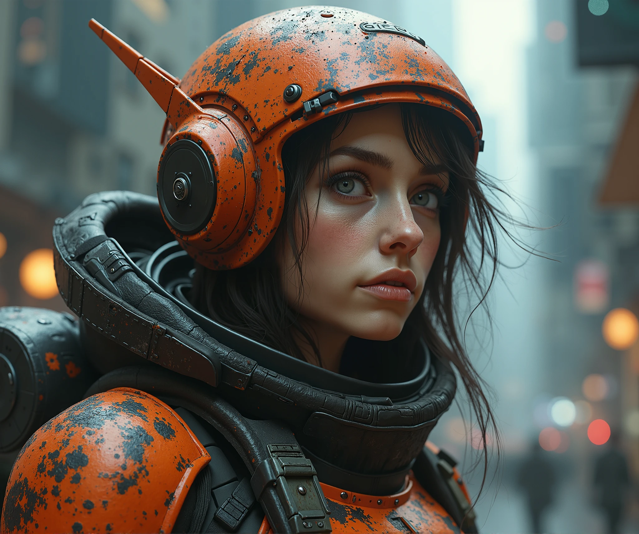 a robo-girl with head braid apocalypse atmosphere in the background, oxygen cyber-mask on the face, [(red lights eyes):0.8], realistic eyes, focus eyes, detailed eyes, great eyelashes, mouth open a bit, (closeup:1.2), creative, steampunk, many mechanic parts and detailed, epic realistic, faded, neutral colors, ((((HDR)))), ((((muted colors)))), insane details, intricate scene, artstation, (hyperdetailed:1.1), cinematic shot, warm lights, dramatic light, (intricate details:1.1), vignette, complex background, [[teal and orange]], slate gray atmosphere, (vsco:0.3)