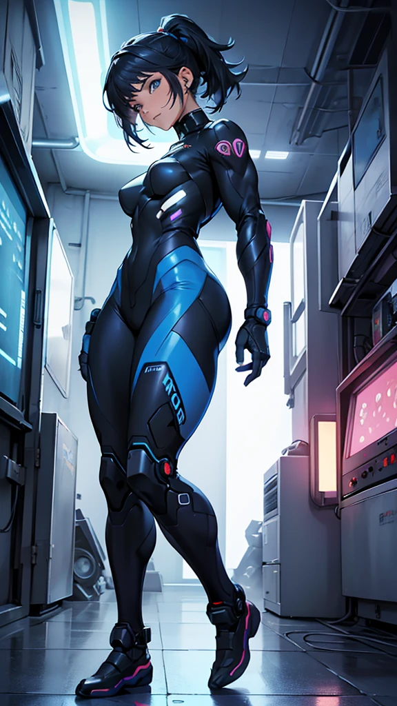8k ((full body view))((view from below:1.5)),(large eyes:1.3), defined cheekbones, looking back, ((the pit style:1.4))((sleek dark blue bodysuit:1.6)) ((intricate metal details:1.4))detailed face:1.5), lightblue skin,(puffy lips:1.5) (lightblue skin:1.6), (bald woman:1.7), (skinhead) ((sexy pose)),(Muscular:1.3), ((gigantic breasts:1.5)), )highly detailed, ((intricate neon lines on bodysuit)), majestic, digital photography, art by artgerm and ruan jia and greg rutkowski, ((metal shoulder pads:1.2)), (masterpiece), sidelighting, intricate details, (((black color palette)))