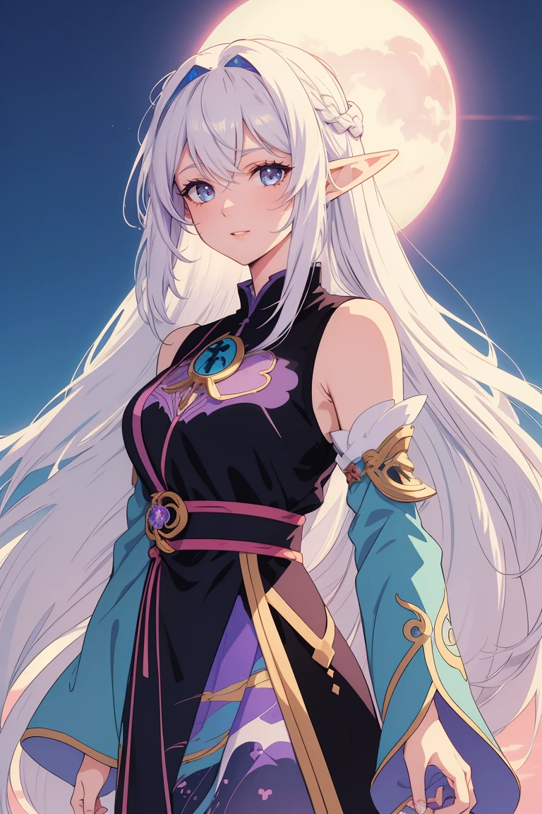 Girl with long hair, white hair, anime aesthetic, anime vibes, Anime, noble girl, anime art wallpaper 4 k, anime art wallpaper 4k, anime art wallpaper 8 k, anime background art,anime asthetic, masterpiece , top quality, rainbow style, anime, beautiful asian girl, along hawaiian coast, cute and dreamy, anime, illustrator, lofi girl, blues, landscape, sunset, night ,2D style anime, , analog color theme, Ghibli Style, fantasy, (girl with white long hair and light purple eyes) elf, ((genshin impact style))