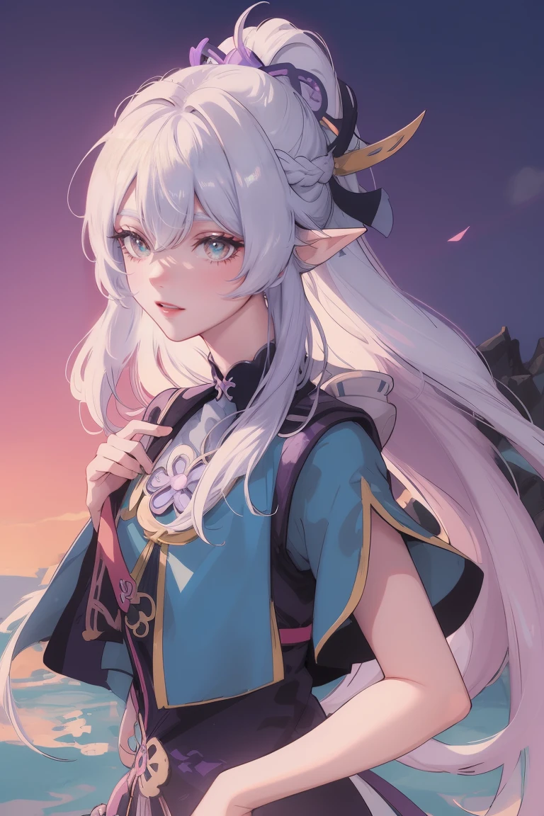 Girl with long hair, white hair, anime aesthetic, anime vibes, Anime, noble girl, anime art wallpaper 4 k, anime art wallpaper 4k, anime art wallpaper 8 k, anime background art,anime asthetic, masterpiece , top quality, rainbow style, anime, beautiful asian girl, along hawaiian coast, cute and dreamy, anime, illustrator, lofi girl, blues, landscape, sunset, night ,2D style anime, , analog color theme, Ghibli Style, fantasy, (girl with white long hair and light purple eyes) elf, ((genshin impact style))