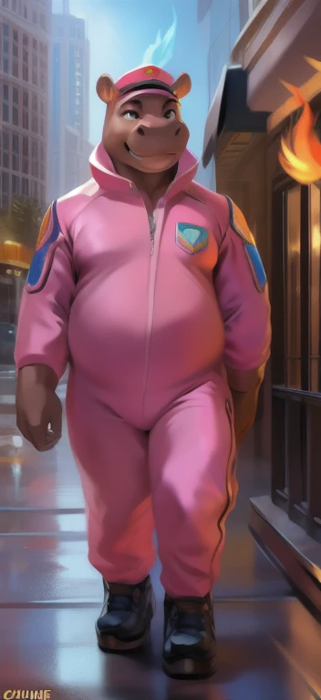 Solo, female Tall,mannequin, standing, street,hippo ,She has fire storm powers., pink military spacesuit, overweight, muscular, Paranoia,by chunie