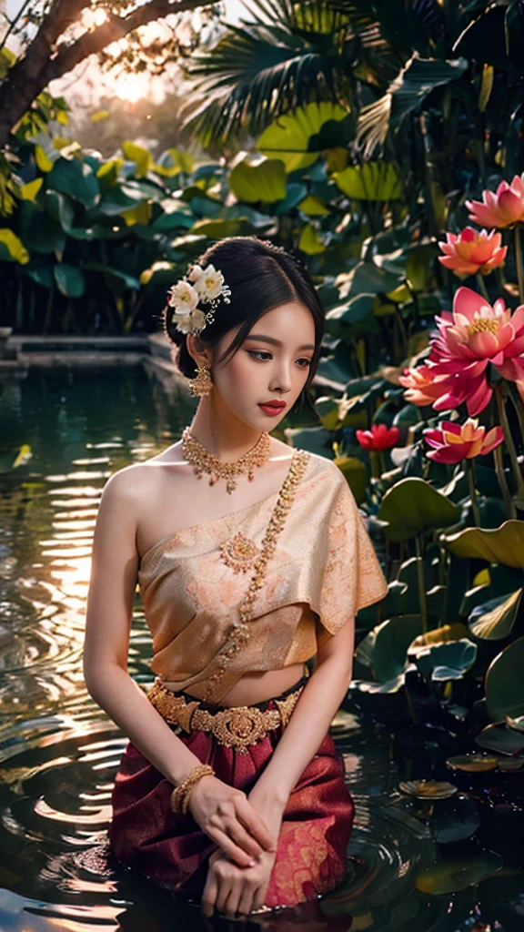 EmpressofAyodhaya,detail dress
A graceful Thai empress stands elegantly at the edge of a serene red lotus pond, dressed in a pastel pink silk blouse with intricate gold floral embroidery and a soft green sarong. Her hair is styled into a high bun adorned with fresh lotus petals and jasmine flowers, complementing the vivid colors of the blooming red lotuses around her.

The cinematic backdrop showcases a vast pond filled with red lotus flowers in full bloom, their petals glistening under the soft sunlight. The water reflects the vibrant sky and flowers, while gentle ripples create a soothing effect. Distant trees frame the horizon, adding depth to the scene.

The tone is warm and cinematic, with soft golden light enhancing the red and pink hues of the flowers. The camera captures her in a medium-wide shot, focusing on her poise while integrating the lush lotus-filled environment.