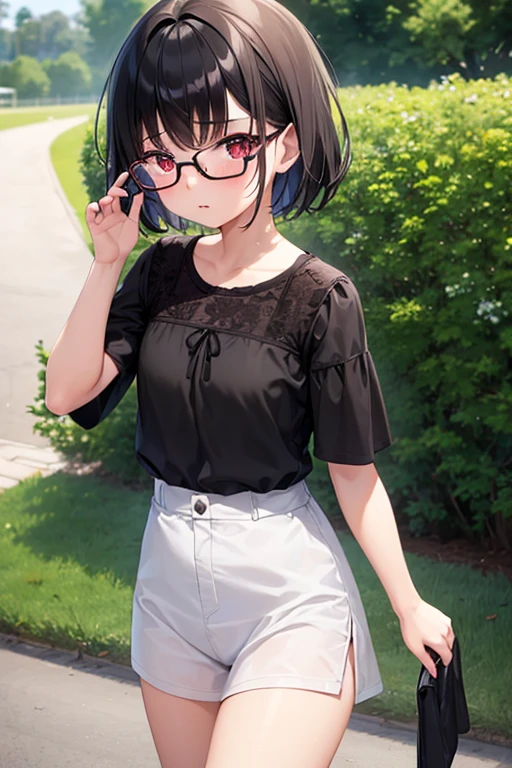 (masutepiece, Best Quality, Capture super cute moments, depth of fields, ultra-detailliert, Ultra High Resolution, C4D, Octadale, 3D Modeling, 8K, 16 K, one girls、a junior high school student、A dark-haired、short-hair、straight haired、Light brown eyes,hair adornments、wearing black glasses、Cute face), a secretary