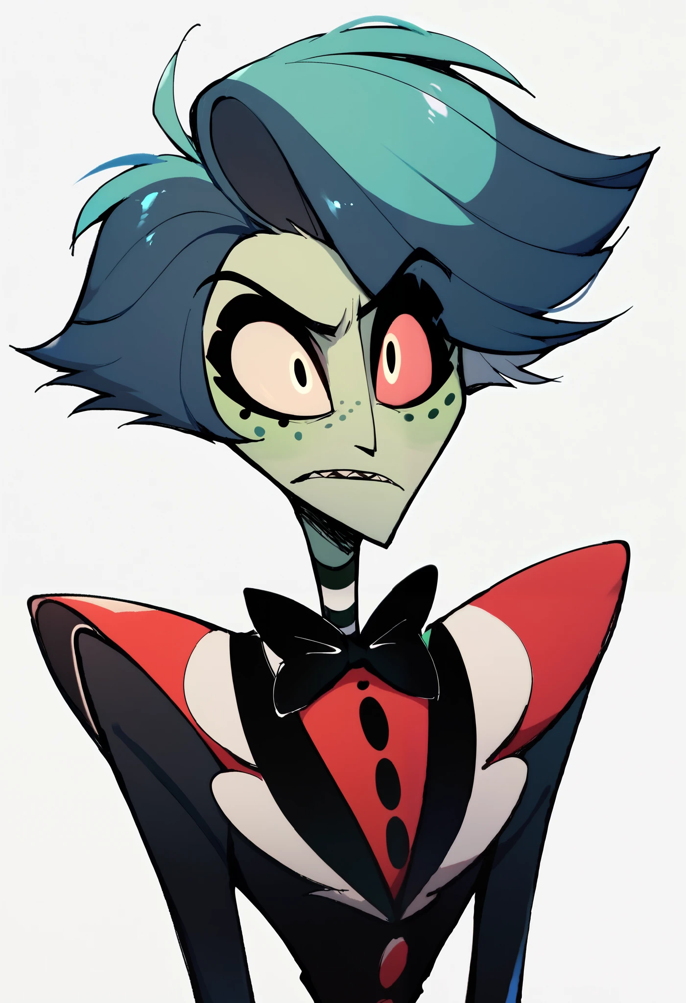 An hazbin hôtel character, a man with a green skin, long blue hair, dark eyes, black Circus outfit, dark green freckles,