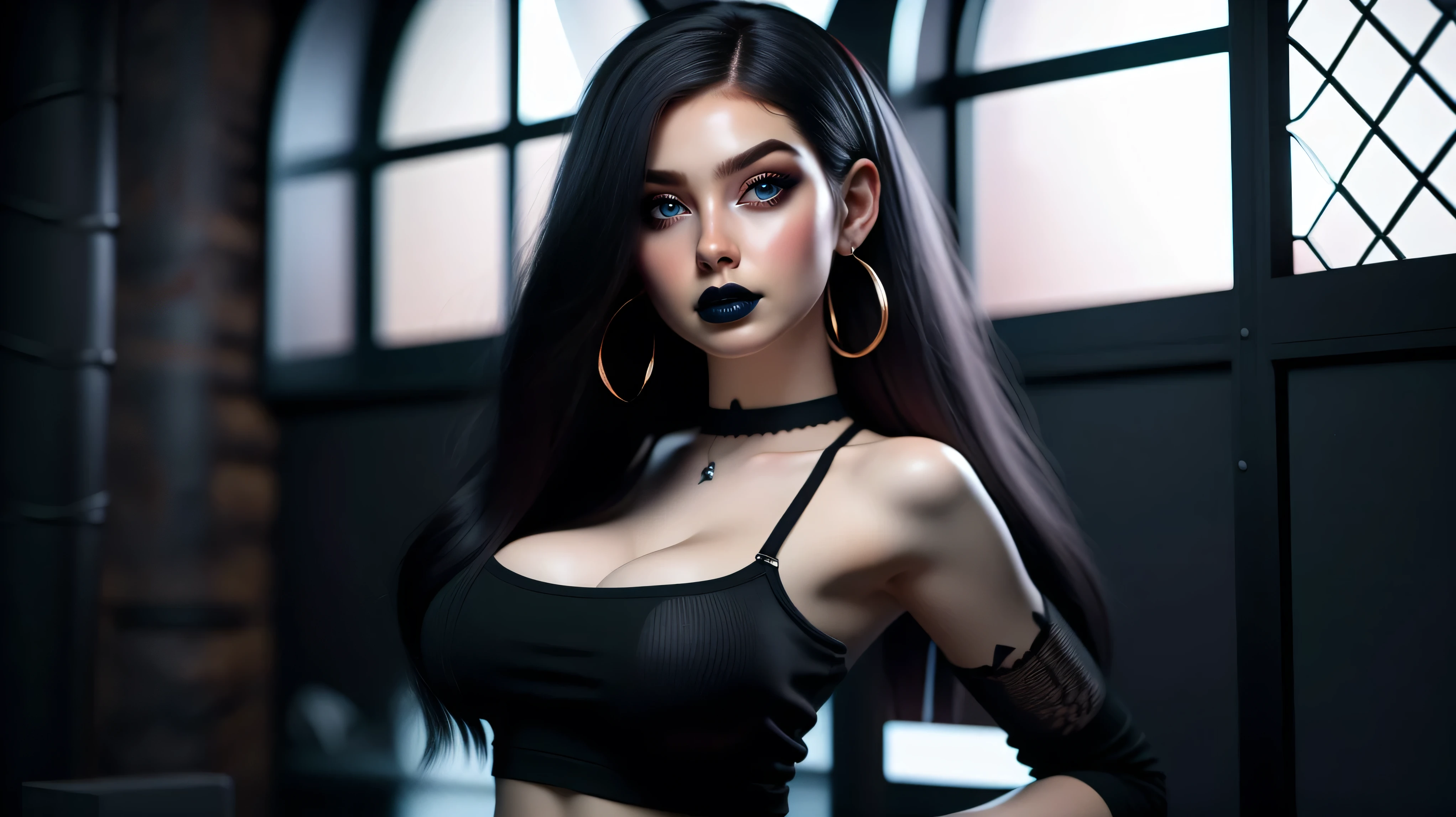 Best quality, 3d rendering work, 3DMM style, Close-up, Portrait,3D, 1girll, only, Black hair, earrings, looking at the camera, Realistic, Thin hips, Full body, thigh to head shot, ((sexy)), ((goth)), (panties), standing in front of a nightclub, city street, bangs, looks away, Long straight black hair, full lips, choker necklace, Makeup, (Green eyes), Tifa Lockhart, (round breasts, full breasts), (Medium breasts: 1.1)