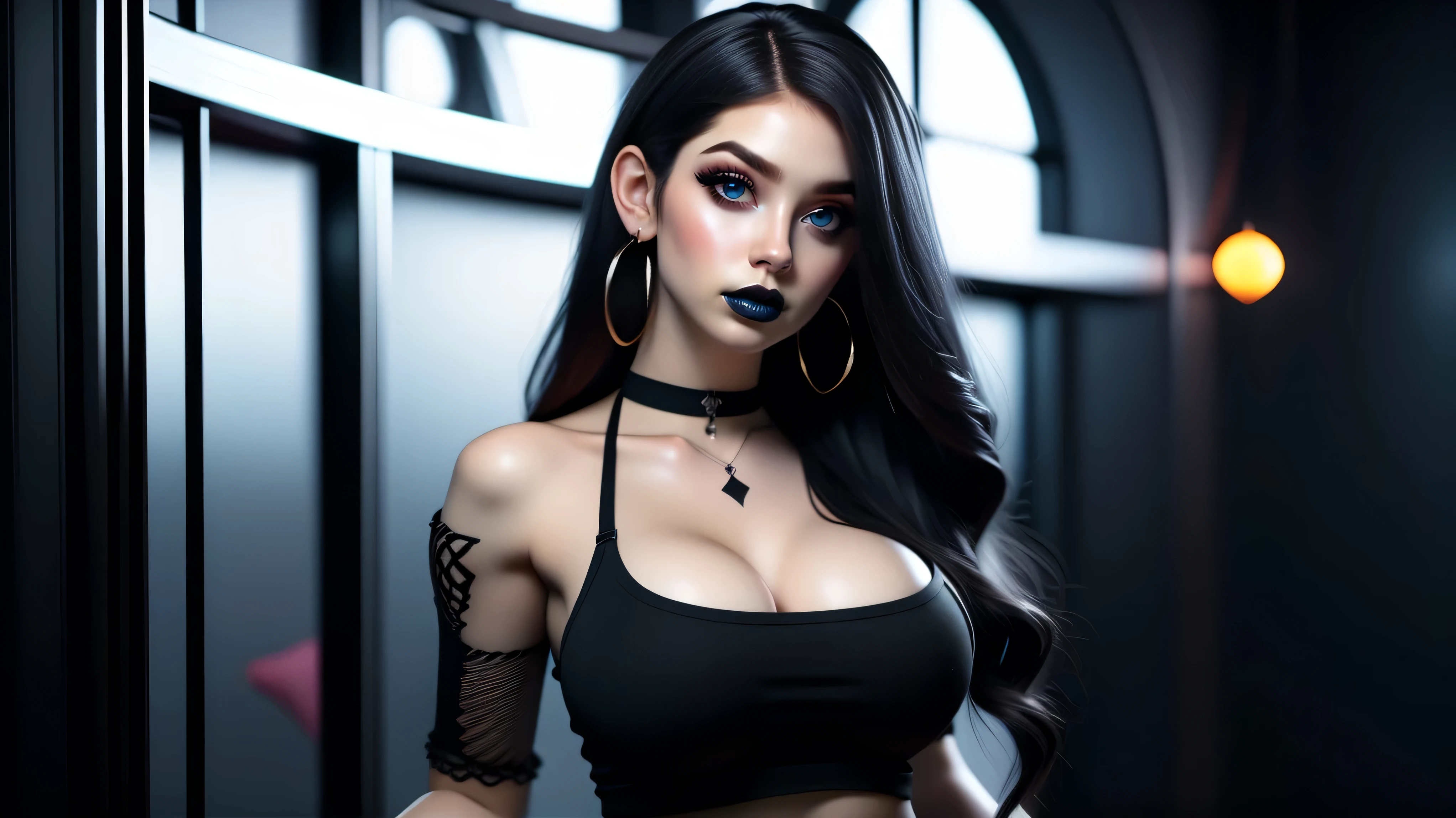 Best quality, 3d rendering work, 3DMM style, Close-up, Portrait,3D, 1girll, only, Black hair, earrings, looking at the camera, Realistic, Thin hips, Full body, thigh to head shot, ((sexy)), ((goth)), (panties), standing in front of a nightclub, city street, bangs, looks away, Long straight black hair, full lips, choker necklace, Makeup, (Green eyes), Tifa Lockhart, (round breasts, full breasts), (Medium breasts: 1.1)