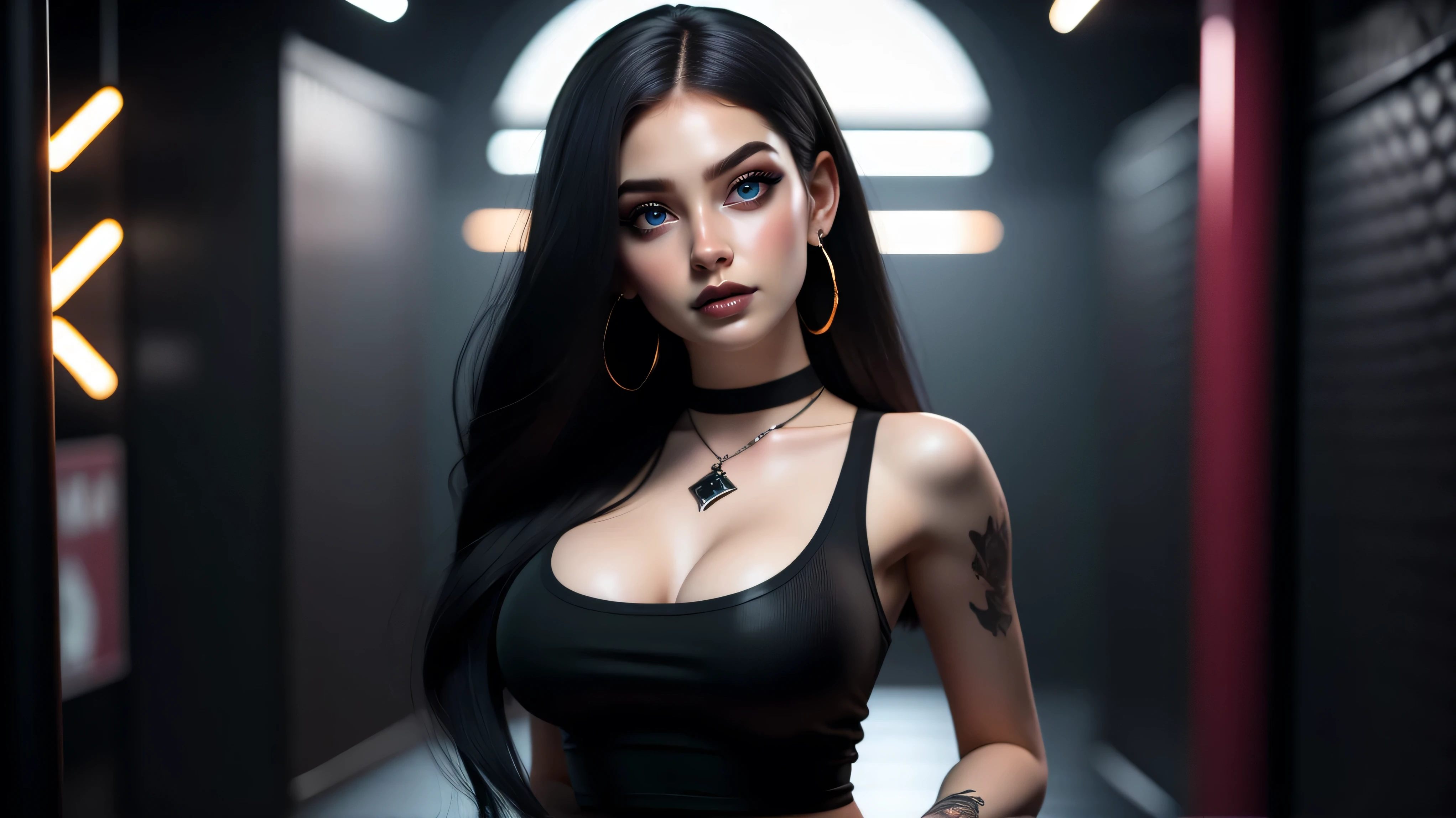 Best quality, 3d rendering work, 3DMM style, Close-up, Portrait,3D, 1girll, only, Black hair, earrings, looking at the camera, Realistic, Thin hips, Full body, thigh to head shot, ((sexy)), ((goth)), (panties), standing in front of a nightclub, city street, bangs, looks away, Long straight black hair, full lips, choker necklace, Makeup, (Green eyes), Tifa Lockhart, (round breasts, full breasts), (Medium breasts: 1.1)