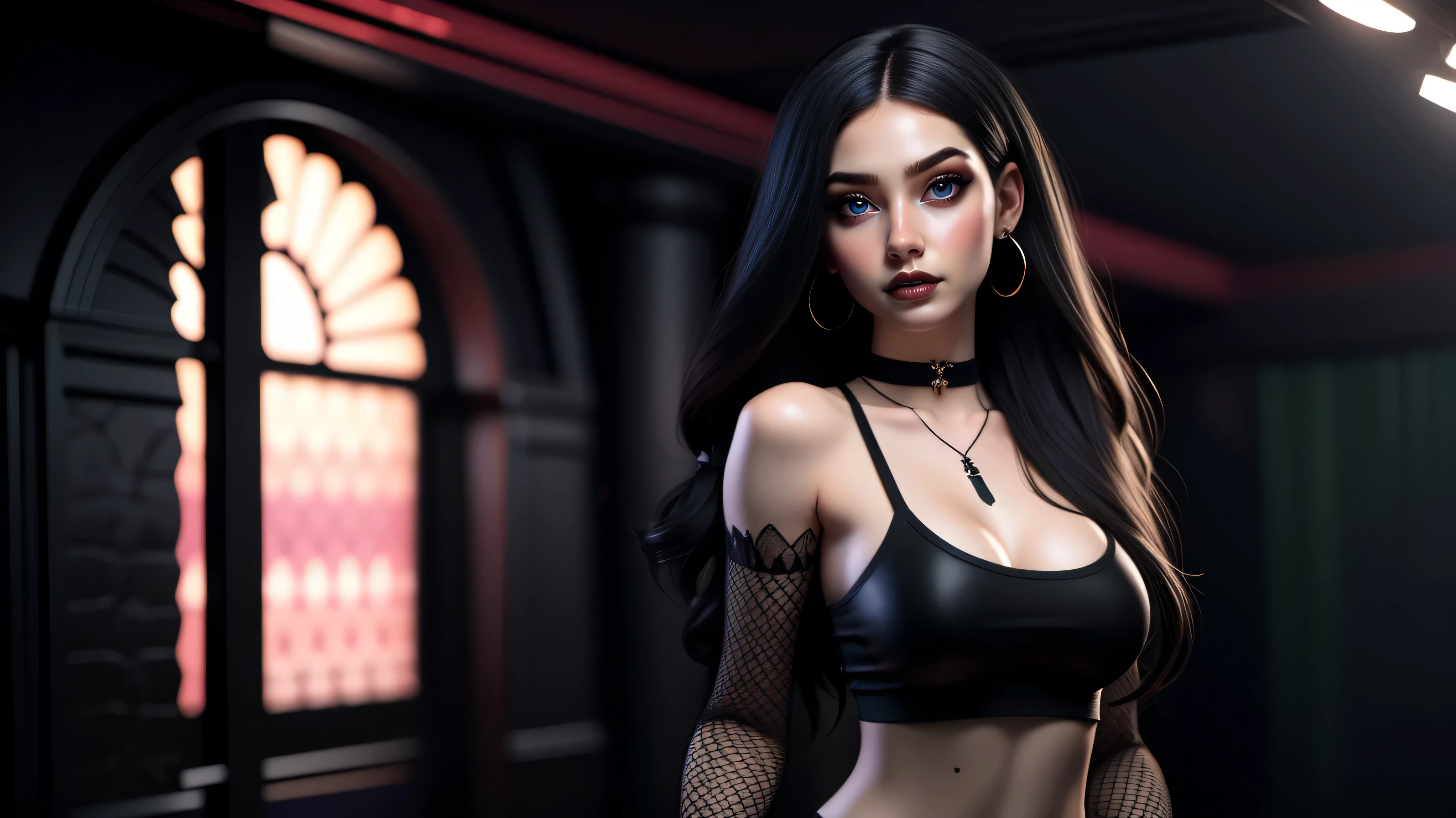 Best quality, 3d rendering work, 3DMM style, Close-up, Portrait,3D, 1girll, only, Black hair, earrings, looking at the camera, Realistic, Thin hips, Full body, thigh to head shot, ((sexy)), ((goth)), (panties), standing in front of a nightclub, city street, bangs, looks away, Long straight black hair, full lips, choker necklace, Makeup, (Green eyes), Tifa Lockhart, (round breasts, full breasts), (Medium breasts: 1.1)