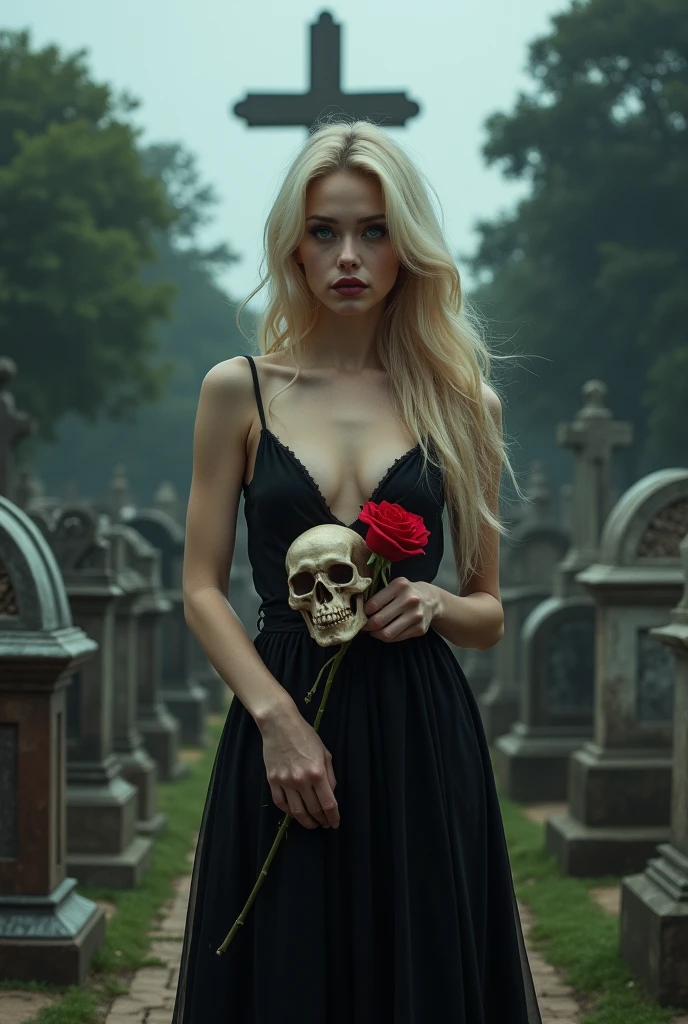 A woman with blond hair and a long black dress, mysterious eyes as you look at a red rose in your hands, several skeletal skulls around you 
