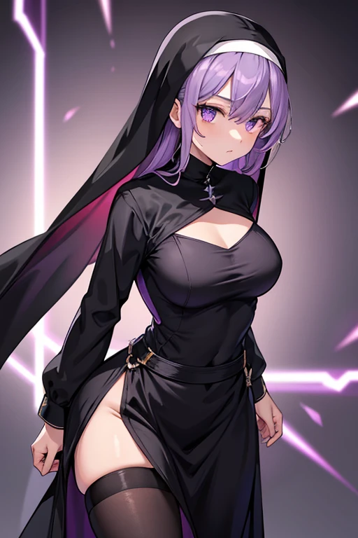 dark skin, black hood and cloak, purple eyes, purple hair, (((black ninja outfit))), combat boots, shy expression, close up, solo female, medium breasts, hands behind back, detailed