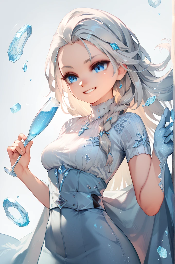 1girl, Long Hair, Medium Breasts, Perky Breasts, Cinched Waist, Narrow Waist, Small smile, Icy Silver-Blue eyes, Champagne Hair, Jewelry, Multiple Views, Anatomically Correct, Side Braid