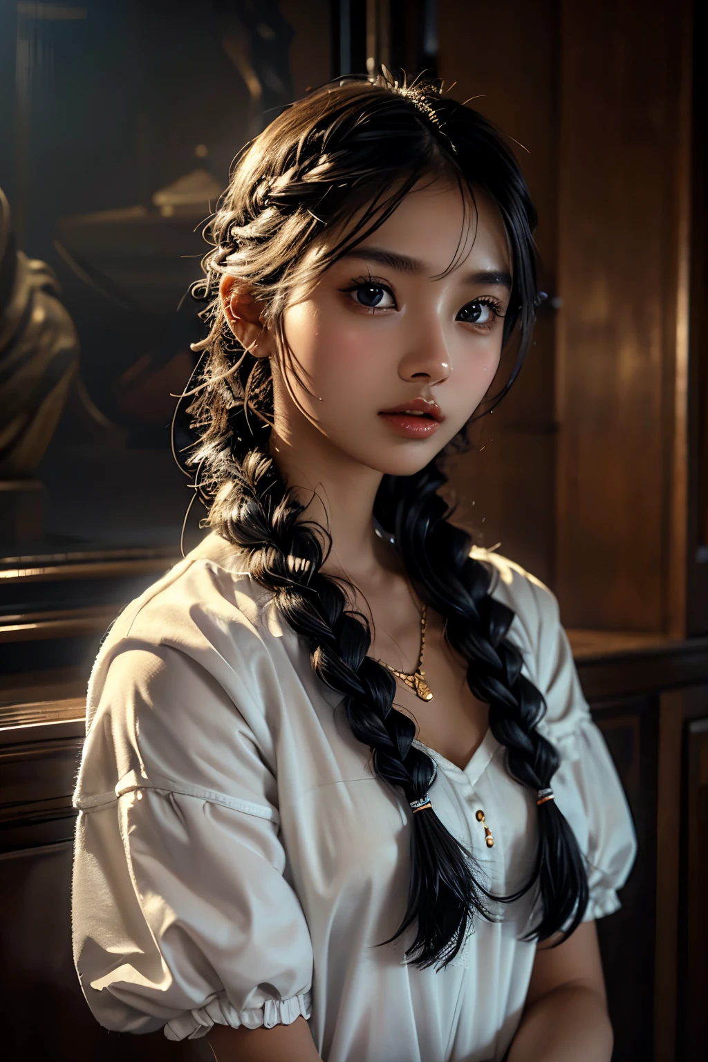 1 girl , high definition , High Quality , masterpiece on penis , white dress, braided ,Super beautiful girl,dark skin, enchanting face 、Highly detailed faces、 perfect face、golden balance