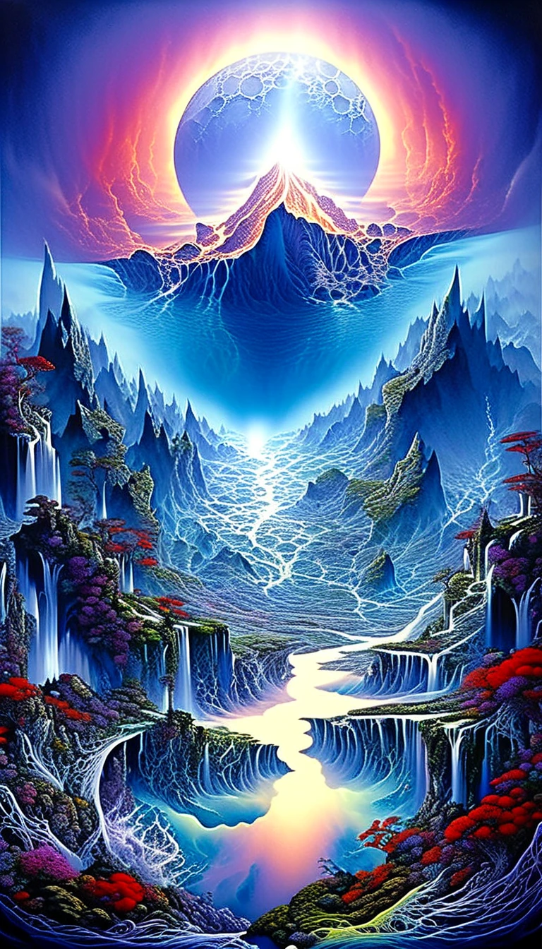 

            The center of the sea has a huge volcano ( Moon )，  Detailed fantasy art Fantasy illustration Mysterious fantasy art {x} A mysterious volcano erupts fiery lava

 Surrounded by mountains.( radiates dazzling light ) God's light shines .  against the background of a huge volcano .  There is a very thick layer of fog . The atmosphere is mysterious, 

                    Stately and stately .,  surrealism,  Surprising waves and water flowers under the cliff ,  Intricately complex fantasy painting ,  Volcano erupting Moonlight Art Fantasy landscape  ,

                                Extremely detailed dream scene , Perfect composition, fine detail,  Delicate digital art 
