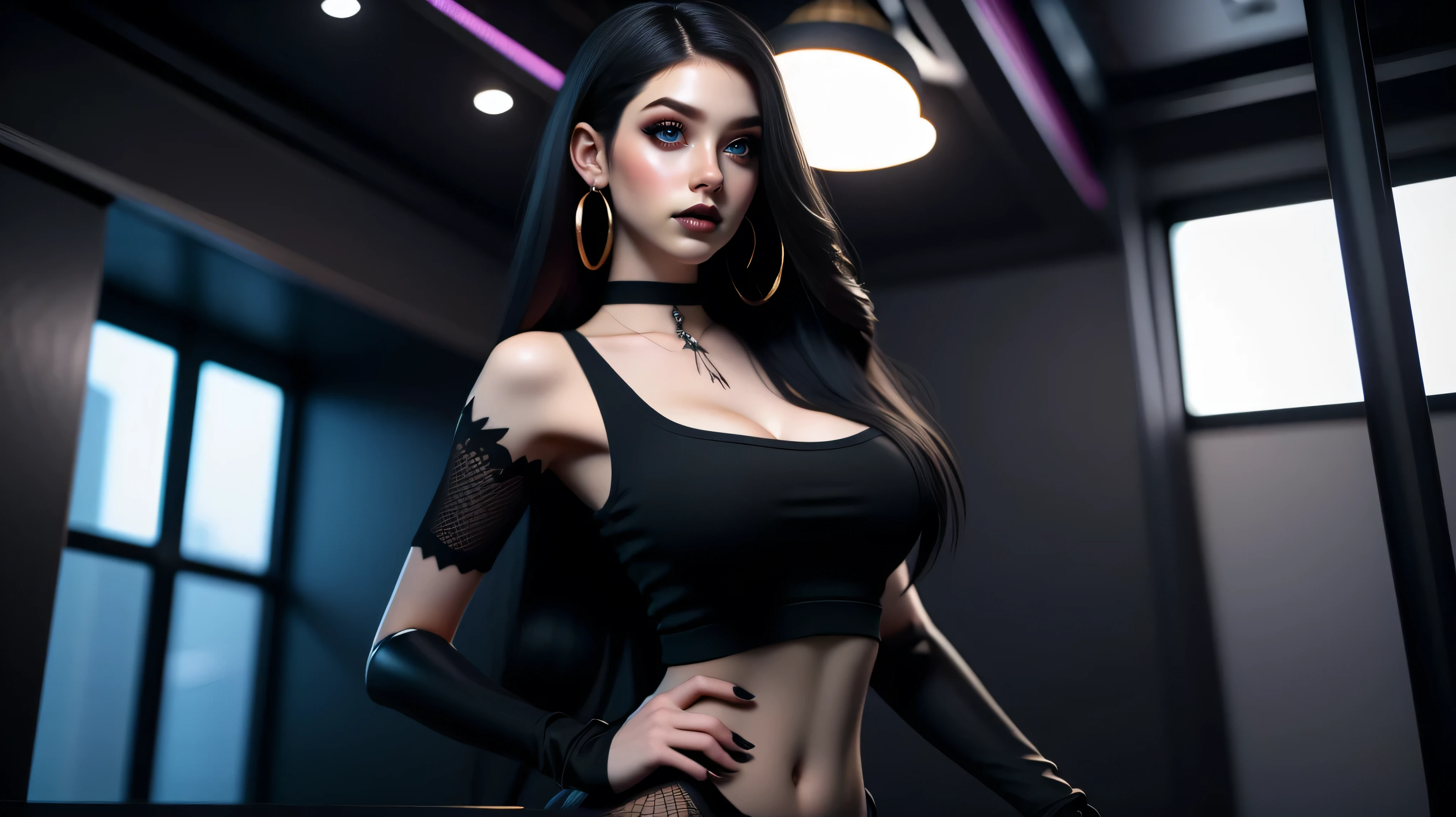 Best quality, 3d rendering work, 3DMM style, Close-up, Portrait,3D, 1girll, only, Black hair, earrings, looking at the camera, Realistic, Thin hips, Full body, thigh to head shot, ((sexy)), ((goth)), (panties), standing in front of a nightclub, city street, bangs, looks away, Long straight black hair, full lips, choker necklace, Makeup, (Green eyes), Tifa Lockhart, (round breasts, full breasts), (Medium breasts: 1.1)