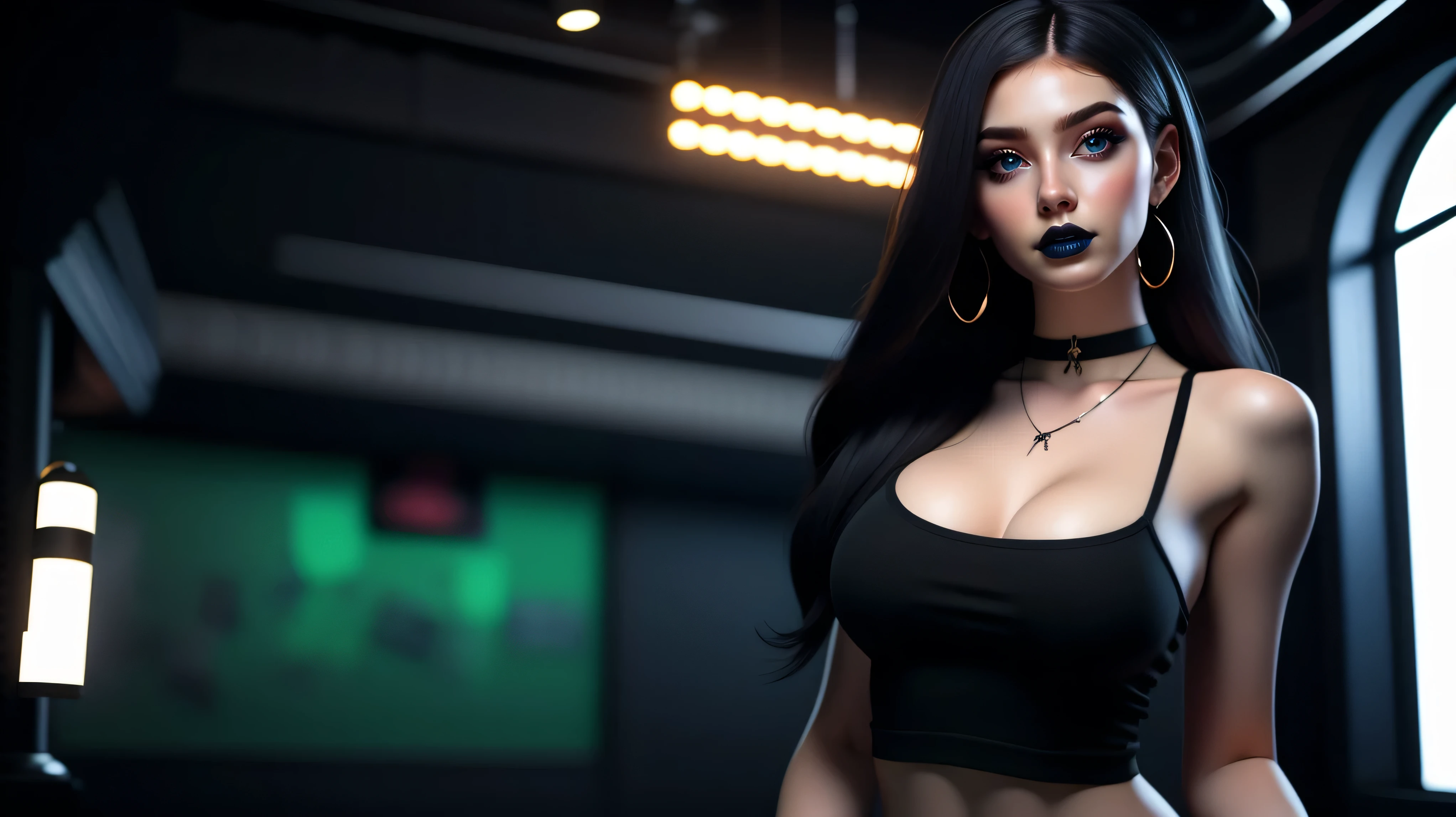 Best quality, 3d rendering work, 3DMM style, Close-up, Portrait,3D, 1girll, only, Black hair, earrings, looking at the camera, Realistic, Thin hips, Full body, thigh to head shot, ((sexy)), ((goth)), (panties), standing in front of a nightclub, city street, bangs, looks away, Long straight black hair, full lips, choker necklace, Makeup, (Green eyes), Tifa Lockhart, (round breasts, full breasts), (Medium breasts: 1.1)