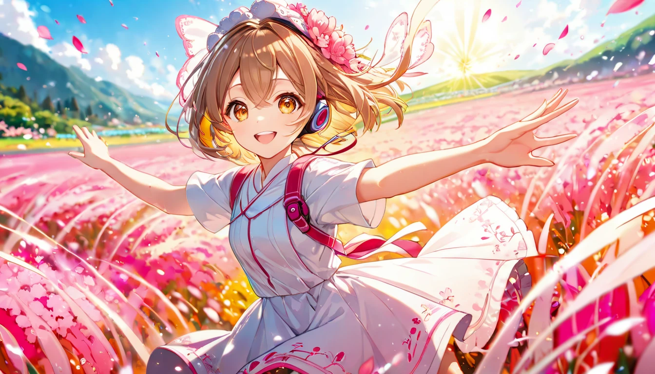 background： pink flower field spreading all over 、Flowers swaying in the wind々It's beautiful。  
expression： showing a happy smile 。  
Costume： light colored dress。  
 pose：Running through a field of flowers 、 feeling the wind with open hands 。  
scene：( brown-haired girl wearing headphones), ( exhilarating feeling of running in a pink flower field ), (glowing:1.4), ( very detailed , masterpiece,  top quality,  bright ), ( anime style), ( upper body or close-up ), ( orange eyes), (masterpiece:1.2), (best quality), (ultra detailed), (extremely detailed), (absolutely resolution), absurdres, 8k, 1girl, beautiful-landscape-background, shiny skin, break, ultra detailed eyes, bobcut。  
