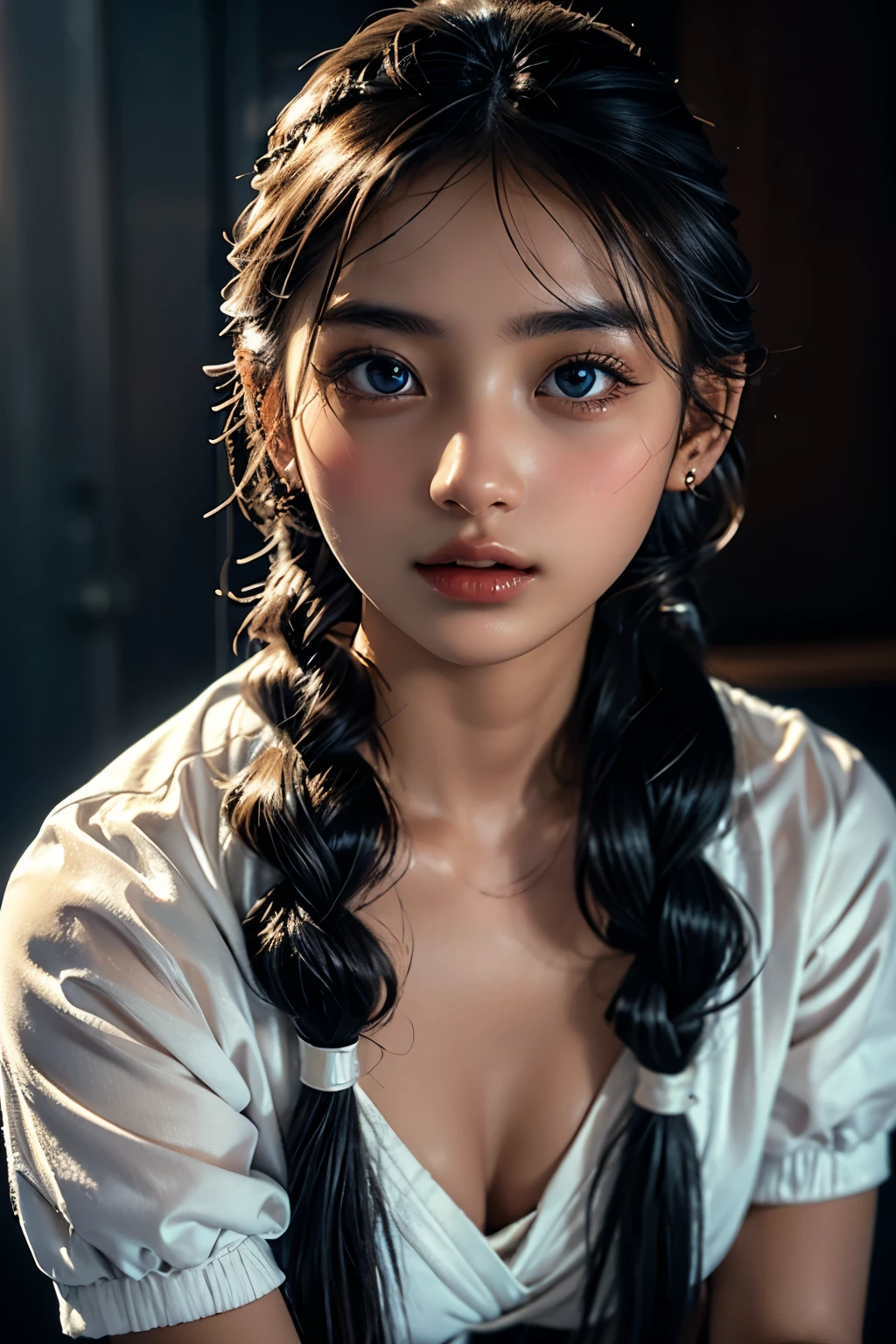 1 girl , high definition , High Quality , masterpiece on penis , white dress, braided ,Super beautiful girl,dark skin, enchanting face 、Highly detailed faces、 perfect face、golden balance