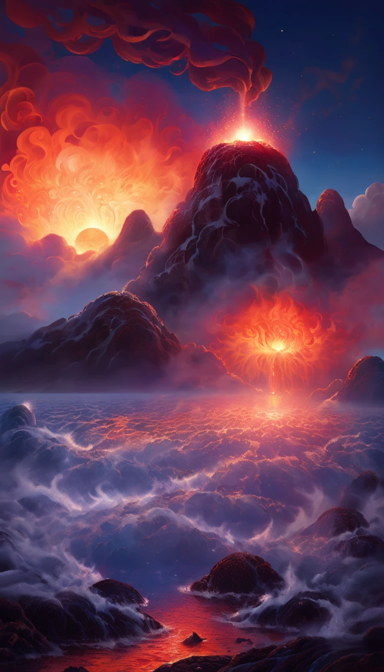  The center of the sea has a huge volcano ( Moon )， A mysterious volcano erupts fiery lava around the mountains.( radiates dazzling light ) God's light shines .  against the background of a huge volcano .  There is a very thick layer of fog . The atmosphere is mysterious, Stately and stately .,  surrealism,  Surprising waves and water flowers under the cliff ,  Intricately complex fantasy painting ,  Volcano erupting Moonlight Art Fantasy landscape  ,  Extremely detailed dream scene , Perfect composition, fine detail,  Delicate digital art 