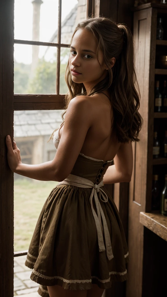 8k, raw image, Italian woman in stockings, braided hair, shirt, neckline, oiled body, Lots of jewelry, whole body, from behind, Warm rustic floral background, away, ultra detailed, realistic skin, realistic hair, photorealistic