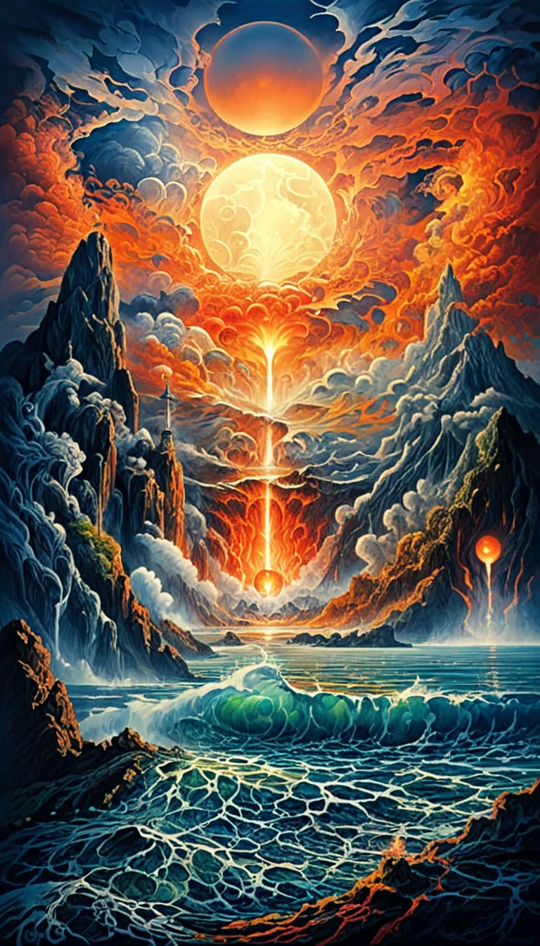  The center of the sea has a huge volcano ( Moon )， A mysterious volcano erupts fiery lava around the mountains.( radiates dazzling light ) God's light shines .  against the background of a huge volcano .  There is a very thick layer of fog . The atmosphere is mysterious, Stately and stately .,  surrealism,  Surprising waves and water flowers under the cliff ,  Intricately complex fantasy painting ,  Volcano erupting Moonlight Art Fantasy landscape  ,  Extremely detailed dream scene , Perfect composition, fine detail,  Delicate digital art 
