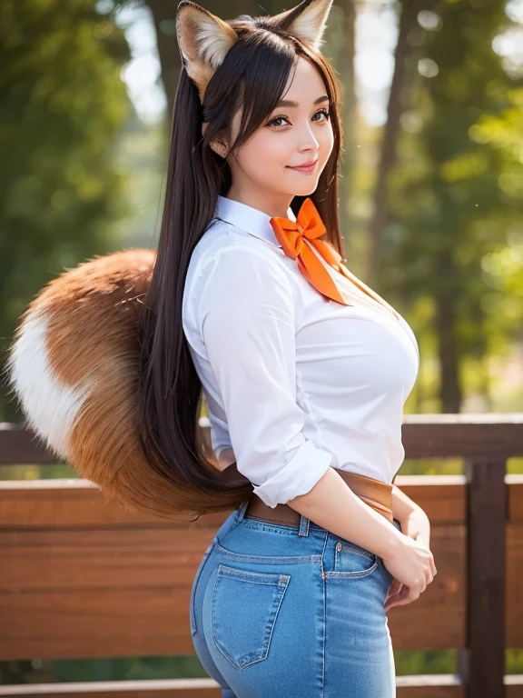 ((Highest quality, 32k)), ((masterpiece)), (Familiar), Perfect Face, Fox Girl, Pretty girl, Outdoor, model, Has one tail, She has a northern fox tail, She stretches out her fluffy tail, Beautiful hip line, Thick thighs, Tight jeans, A big tail sticks out from his butt, On all fours, Waving his tail happily, She only has one tail, Smiling Kindly