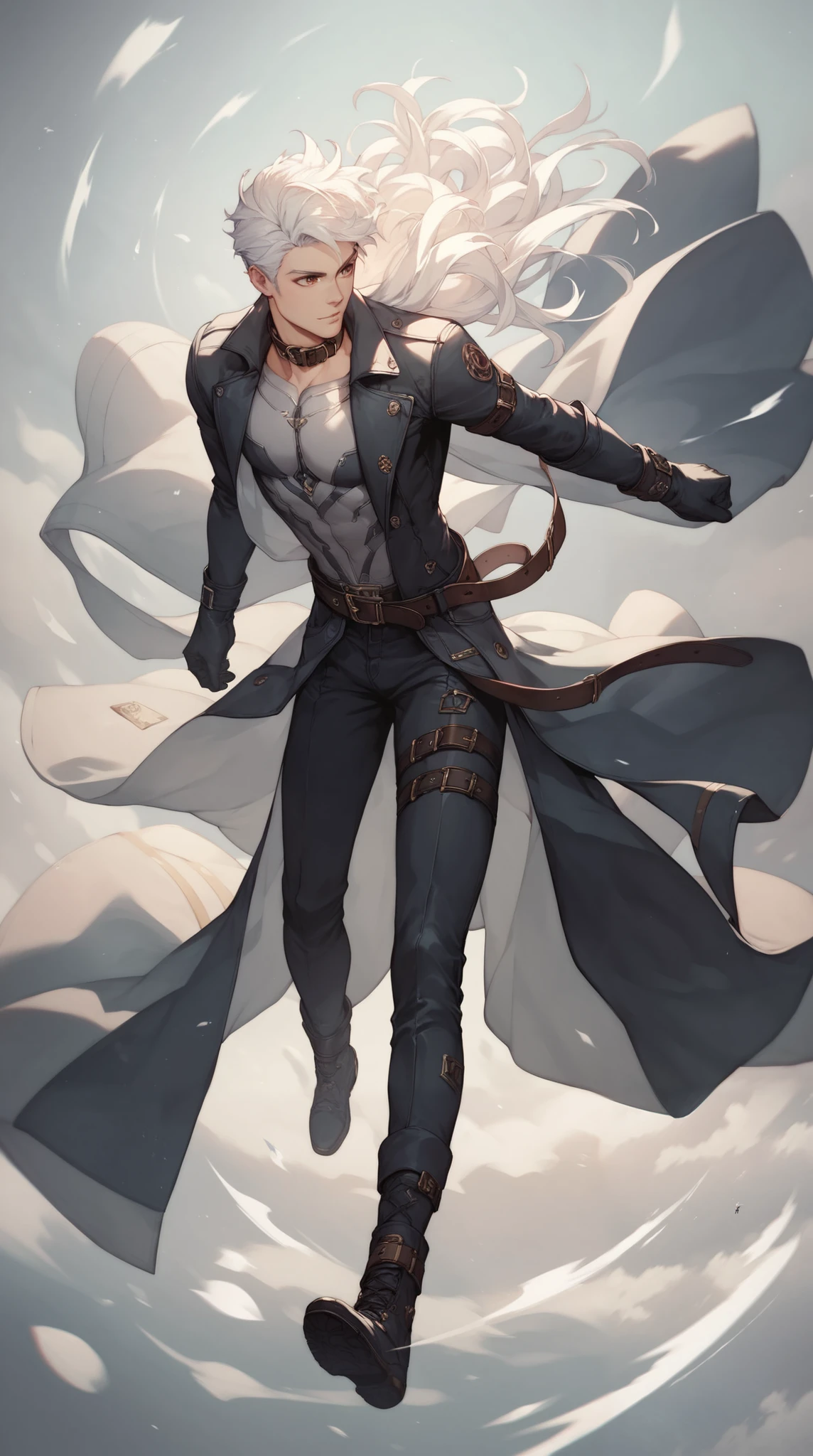 Anime character with white hair and black outfit flying through the air ...