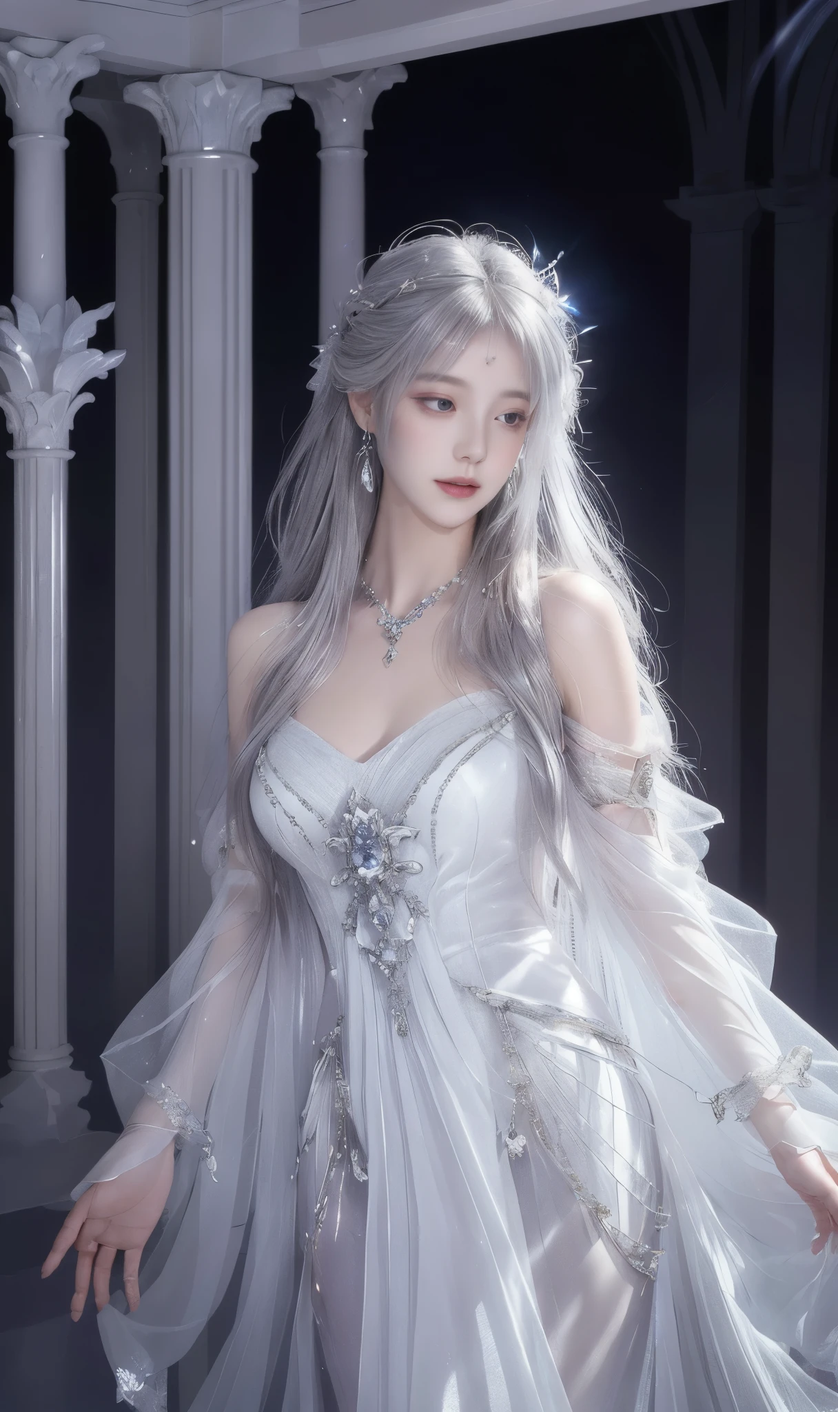 ethereal moon goddess character, celestial temple setting, flowing silver-white dress with sheer details, starlit evening atmosphere, floating moonlight particles, dreamy fog effects, marble palace interior, elegant fantasy pose, crystal decorations, gentle divine lighting, renaissance painting aesthetic, rich night sky background, magical mist elements, ornate silver accessories