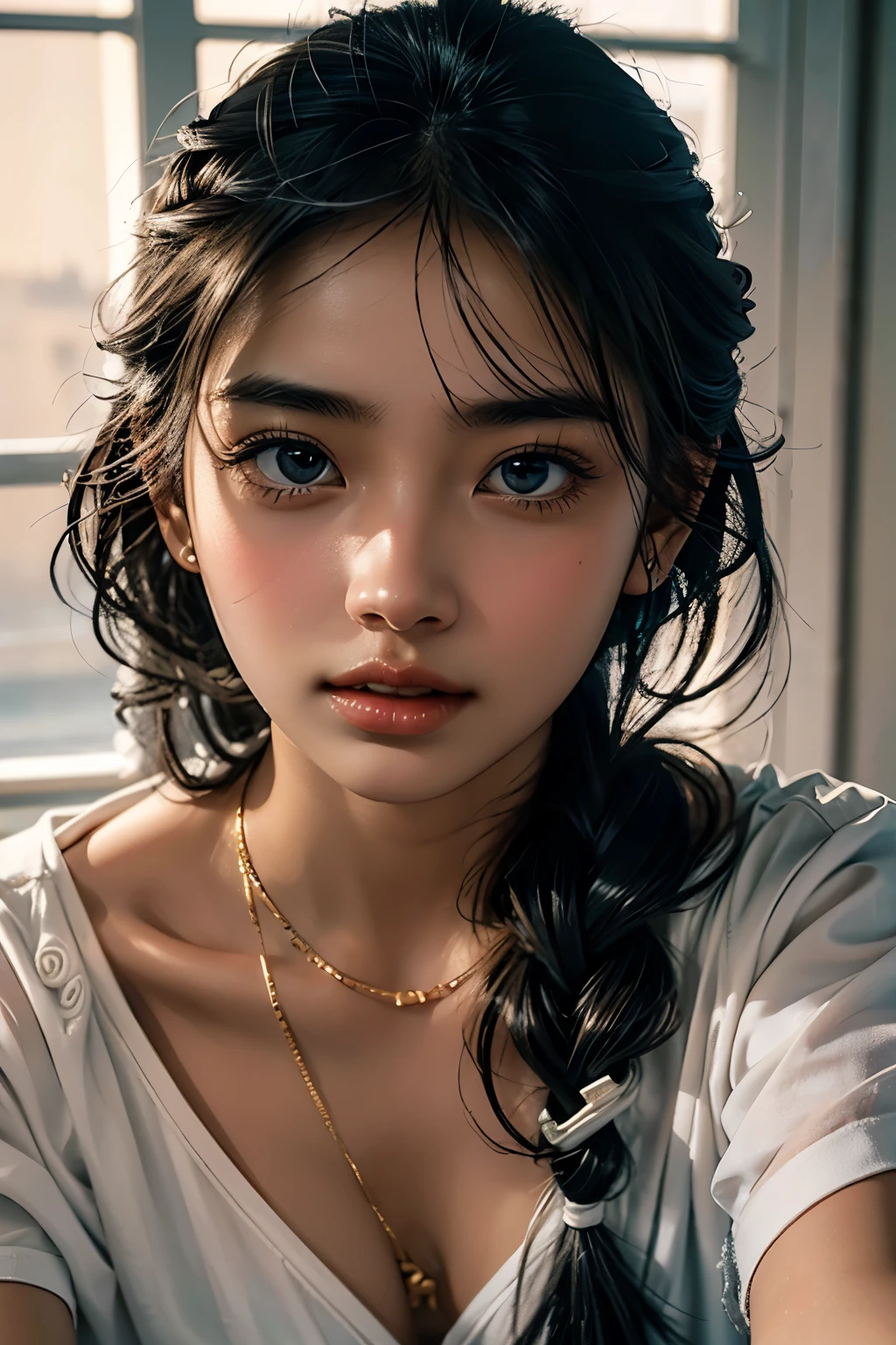 1 girl , high definition , High Quality , masterpiece on penis , white dress, braided ,Super beautiful girl,dark skin, enchanting face 、Highly detailed faces、 perfect face、golden balance, Professional Lighting