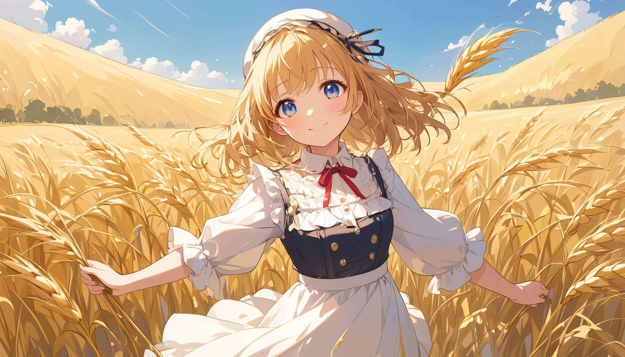 masterpiece,1girl, sparrow, a blonde haired girl, wearing a trinity school gym clothes, curly medium hair, messy hair, slim body, big breasts, she close her left eye, shirt ornament, lolippai, hair ribbon, seductive smile, beautiful breasts, rounded breasts, crimson eyes, she stands in the wheat field, iochi mari, cat ears