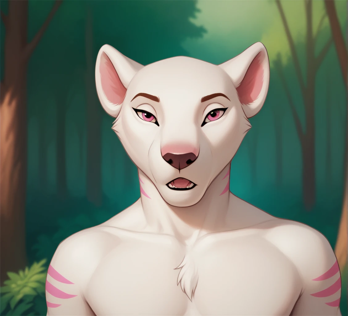 male, anthropomorphic, arctic fox, white body, pink stripes, pink nails, skinny, weak, runners body, slim build, ultra realistic, closeup, chest and arms only, upper body only, mouth closed, facing viewer, forest, no shirt, eyes opened, looking at viewer, shirtless 