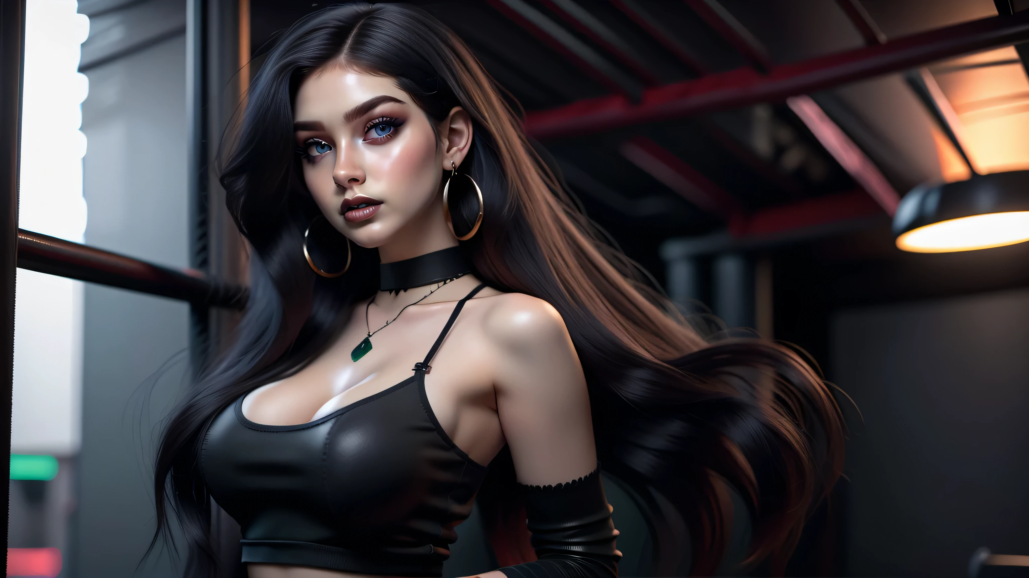 Best quality, 3d rendering work, 3DMM style, Close-up, Portrait,3D, 1girll, only, Black hair, earrings, looking at the camera, Realistic, Thin hips, Full body, thigh to head shot, ((sexy)), ((goth)), (panties), standing in front of a nightclub, city street, bangs, looks away, Long straight black hair, full lips, choker necklace, Makeup, (Green eyes), Tifa Lockhart, (round breasts, full breasts), (Medium breasts: 1.1)