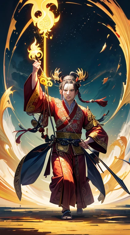 flat illustration，Illustrate in anime style, inspired by the Chinese mythological text "Shan Hai Jing", a majestic male figure, Hou Yi, dressed in ancient attire with traditional Chinese decorative elements. He is shown in full body, wielding a bow and arrow, shooting upwards. The ground around him is dry and ablaze, emphasizing the severity of his quest. The image should capture the essence of Chinese mythology and national style, closely matching the described scene.