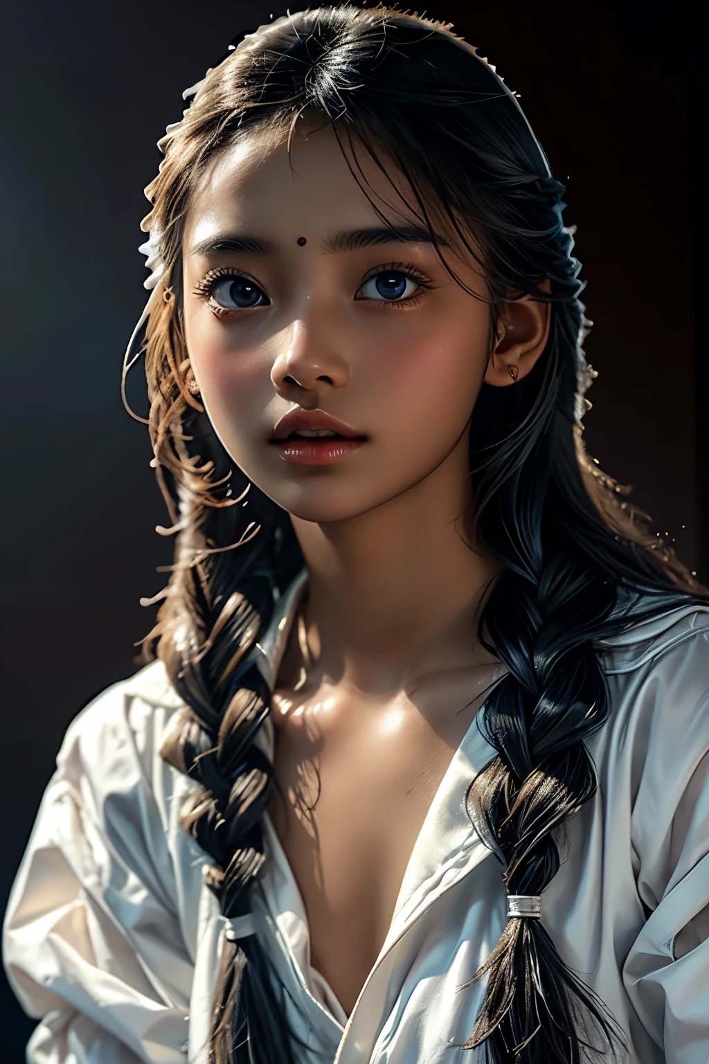 1 girl , high definition , High Quality , masterpiece on penis , white dress, braided ,Super beautiful girl,dark skin, enchanting face 、Highly detailed faces、 perfect face、golden balance, blur the background , Professional Lighting