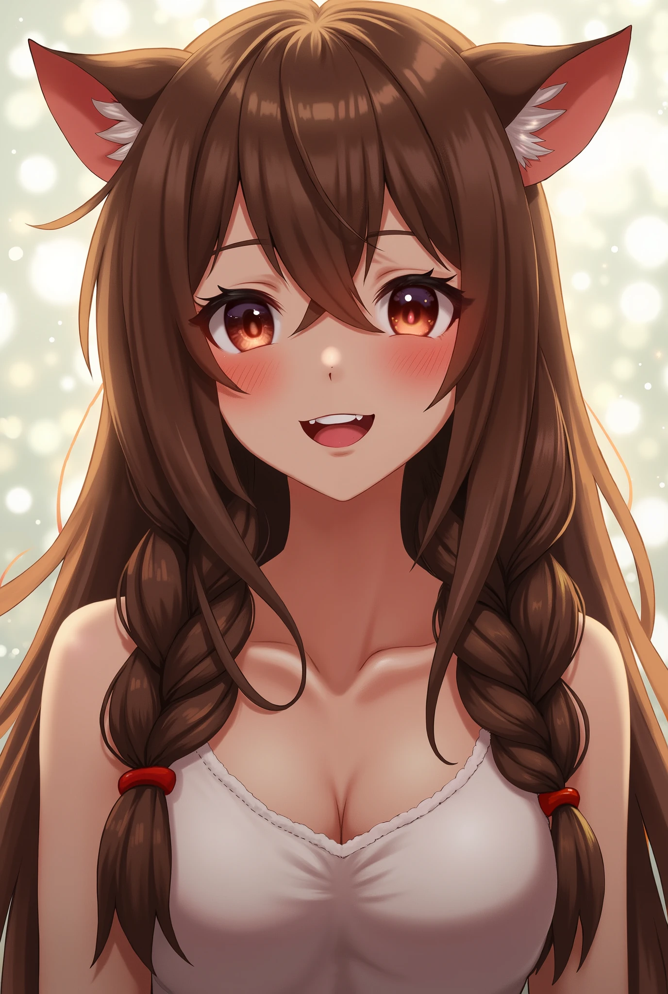 Raphtalia, attractive 25 year old woman, bear ears, glowing orange hair, detailed ruby red eyes, light skin smile, blush, sweet look, cow costume.  Selfie.