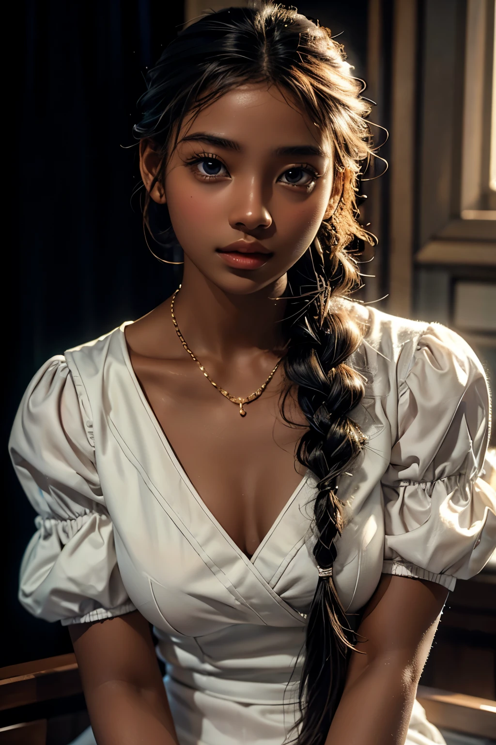 1 girl , high definition , High Quality , masterpiece on penis , white dress, braided ,Super beautiful girl,dark skin, enchanting face 、Highly detailed faces、 perfect face、golden balance, Professional Lighting
