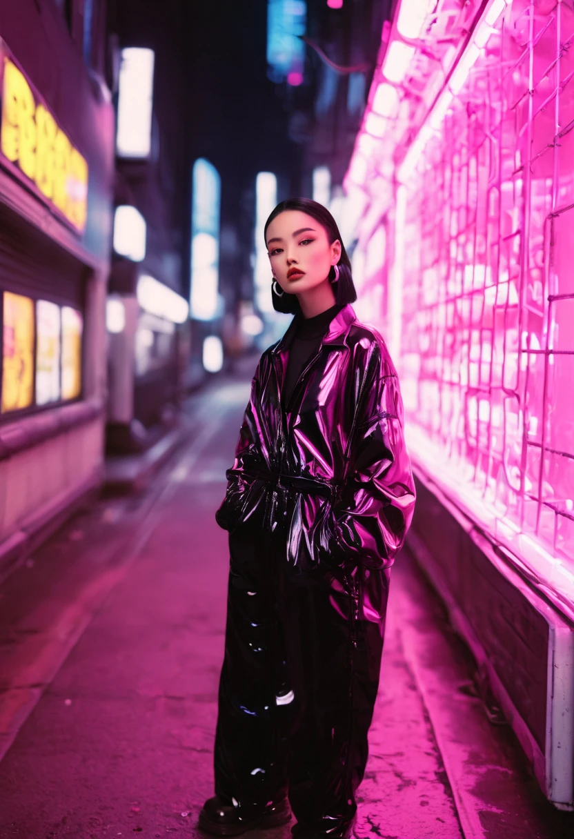 A bold high-fashion editorial with vibrant neon accents, set against the bustling streets of Tokyo at night. The model, an 18-year-old with sleek black hair styled in a high ponytail, wears a striking outfit featuring a structured black bodysuit paired with an oversized neon pink jacket, adding a pop of vivid color. The full-body shot captures her standing confidently in front of glowing shop signs and blurred city lights, her pose strong yet effortless. The lighting incorporates a mix of neon reflections and soft ambient tones, highlighting her outfit’s textures and her bold makeup, with a vivid pink lip and a subtle shimmer on her skin. The overall mood is edgy, electric, and unapologetically moder