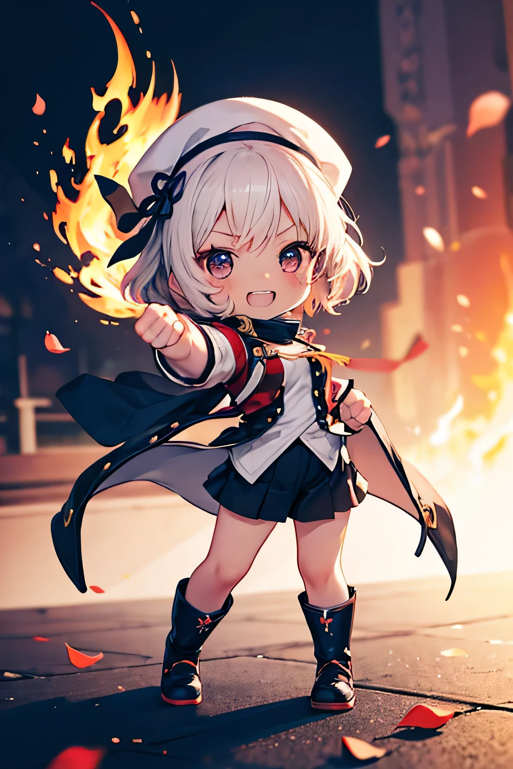 Girl smiling, fighting, ( showing teeth), standing, combat pose,  mmorpg background ,  mmorpg background (A stranger), complete anatomy,   graphic effects ,  ornament of an accessory shaped like a flower on her head, aura, height 159 cm  ( 5 feet 3 inches ), hard fists ,  caste summoning circle ability Guillotine Fist((kanji)( ragnarok online ), Blue Fire Force +vapor,  fire around, strong breeze , black and white cat mascot ,  sakura petals and leaves , primera persona, blush,  looking at the spectator , Charm, Pausa de toque ciego  looking at the spectator ,  anime style very detailed face, 8K, light and shadow effect.  masterpiece,  The best quality , fullbody, Chibi, , (change:1.2), Nendoroide, PVC models 