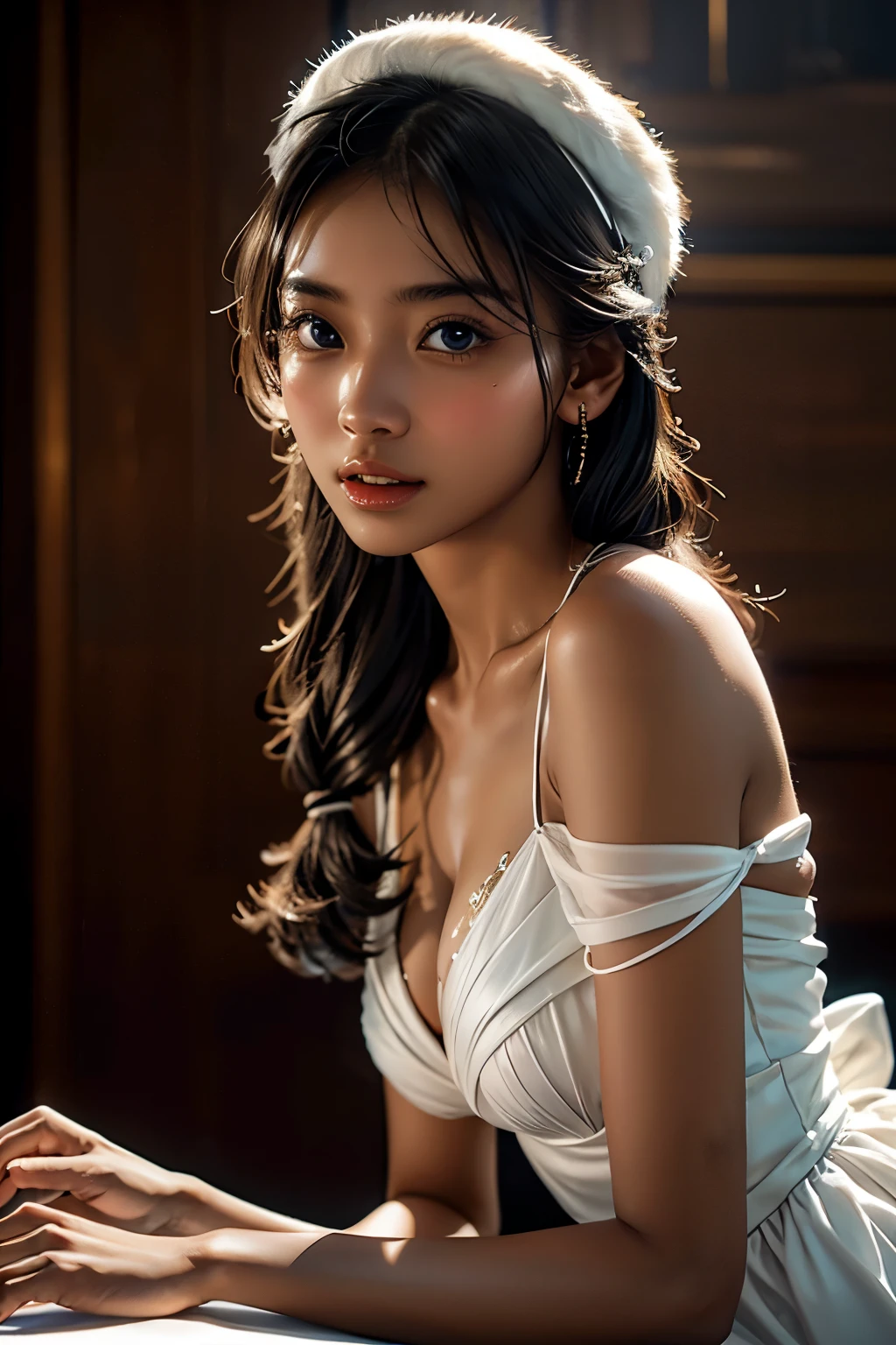 1 girl , high definition , High Quality , masterpiece on penis , white dress, braided ,Super beautiful girl,dark skin, enchanting face 、Highly detailed faces、 perfect face、golden balance, Professional Lighting