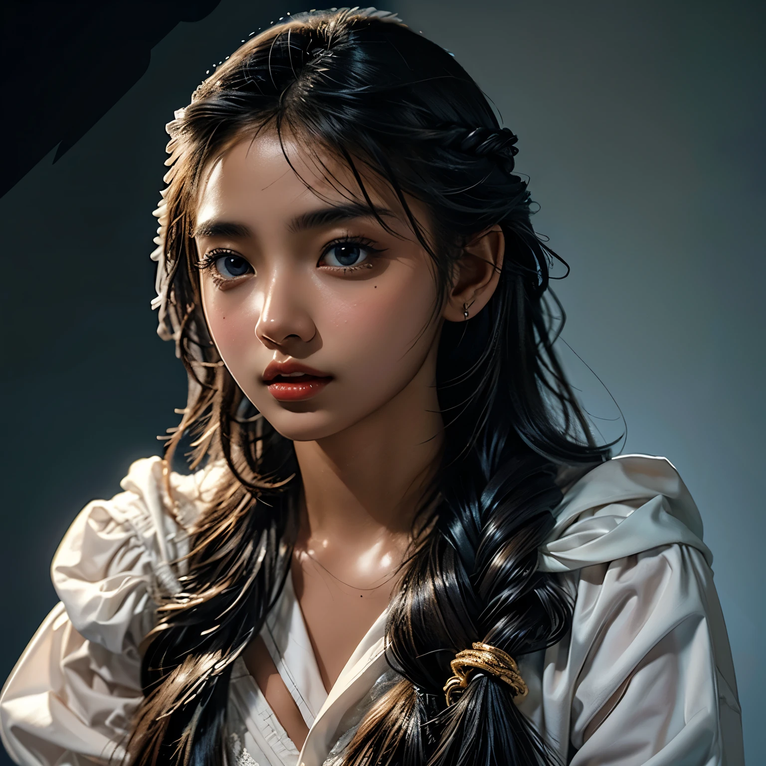  1 girl , high definition ,  High Quality ,  masterpiece on penis ,  white dress,  braided ,Super beautiful girl,dark skin, enchanting face 、Highly detailed faces、 perfect face、golden balance, Professional Lighting
